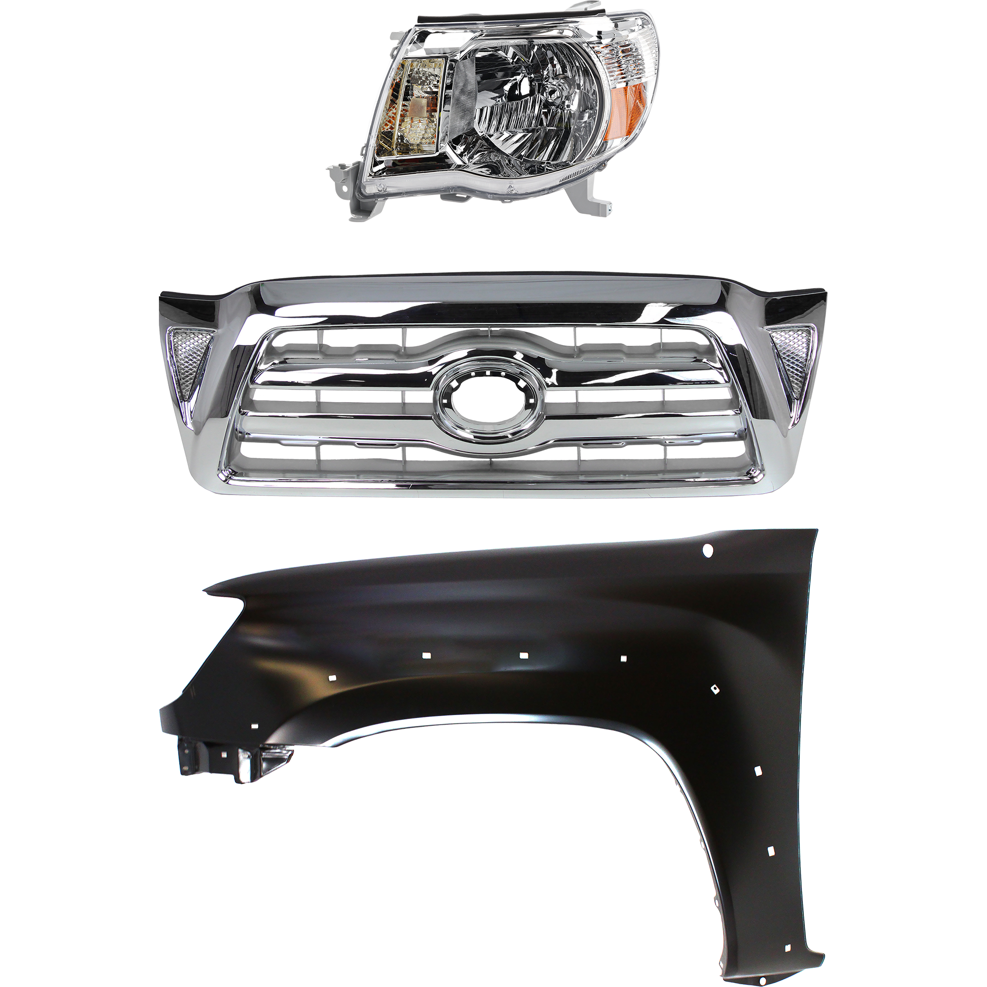 AM TACOMA 05-08 GRILLE Chrome Shell and Insert 3 pc Kit with Fender and Headlight SKU KIT 031323-20002 Partslink Performance TO1240208 TO2502157 OEM Performance 5381204100-8115004