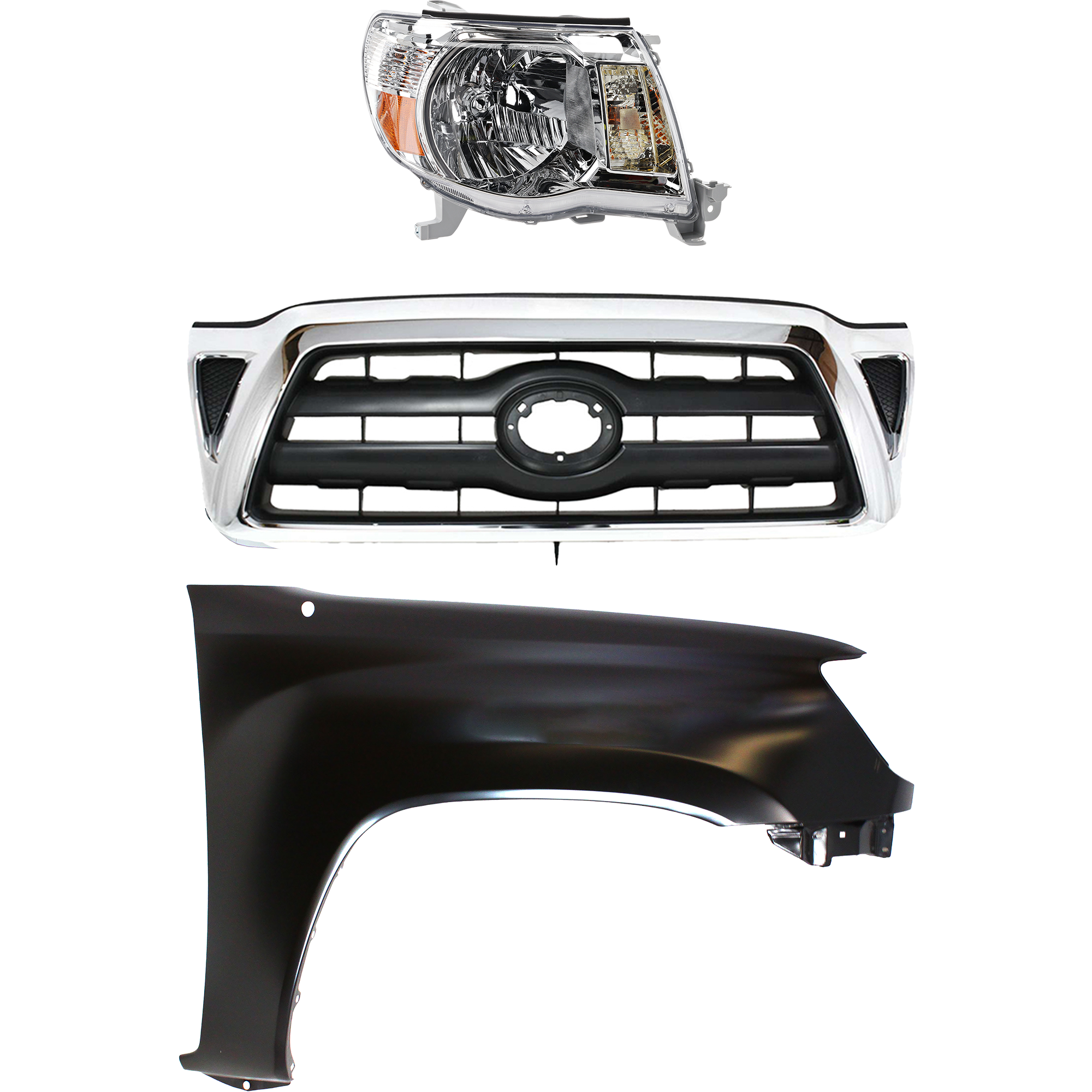 AM TACOMA 05-08 GRILLE Chrome Shell with Black Insert 3 pc Kit with Fender and Headlight SKU KIT 031323-20201 Partslink TO1200268 TO1241206 TO2503157 OEM 5310004360-5381104090-81110041