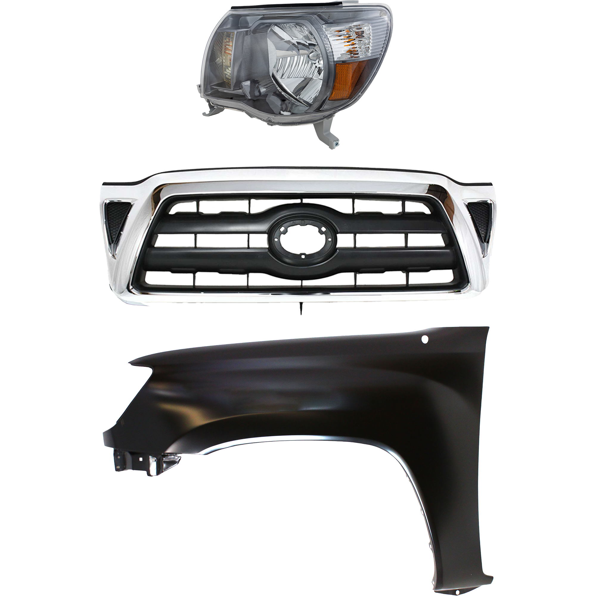 AM TACOMA 05-08 GRILLE Chrome Shell with Black Insert 3 pc Kit with Fender and Headlight SKU KIT 031323-20202 Partslink TO1200268 TO1240206 TO2502157 OEM 5310004360-5381204090-81150041