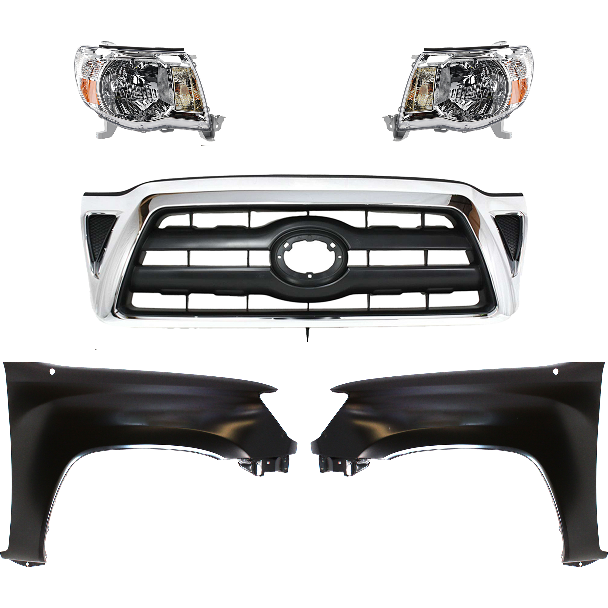 AM TACOMA 05-08 GRILLE Chrome Shell with Black Insert 5 pc Kit with Fenders and Headlights SKU KIT 031323-202 Partslink TO1200268 TO1240206 TO1241206 TO2502157 TO2503157 OEM 5310004360-5381204090-53811040