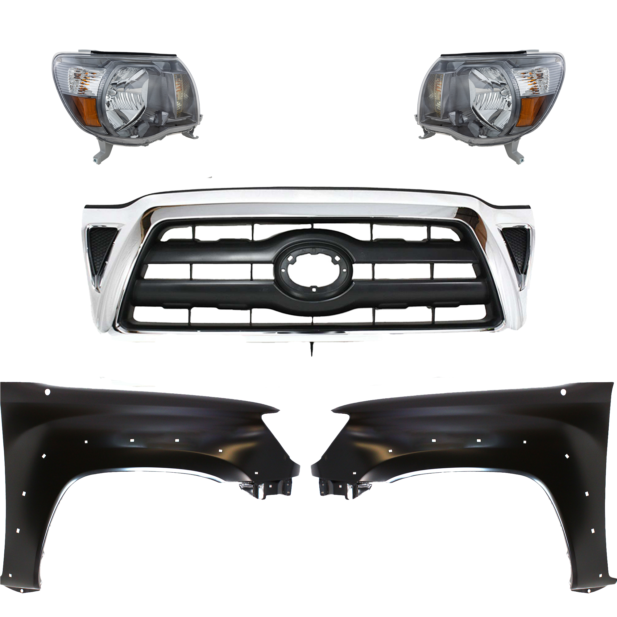AM TACOMA 05-08 HEAD LAMP RH AND LH Assembly Halogen 5 pc Kit with Fenders and Grille Assembly SKU KIT 031323-204 Partslink TO2503181 TO2502181 TO1241208 TO1240208 TO1200268 OEM 8111004173-8115004173-53811041