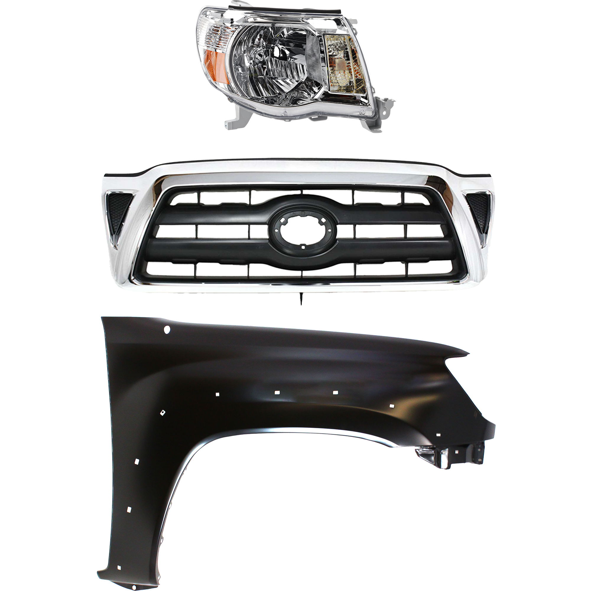 AM TACOMA 05-08 GRILLE Chrome Shell with Black Insert 3 pc Kit with Fender and Headlight SKU KIT 031323-20501 Partslink TO1200268 TO1241208 TO2503157 OEM 5310004360-5381104100-81110041