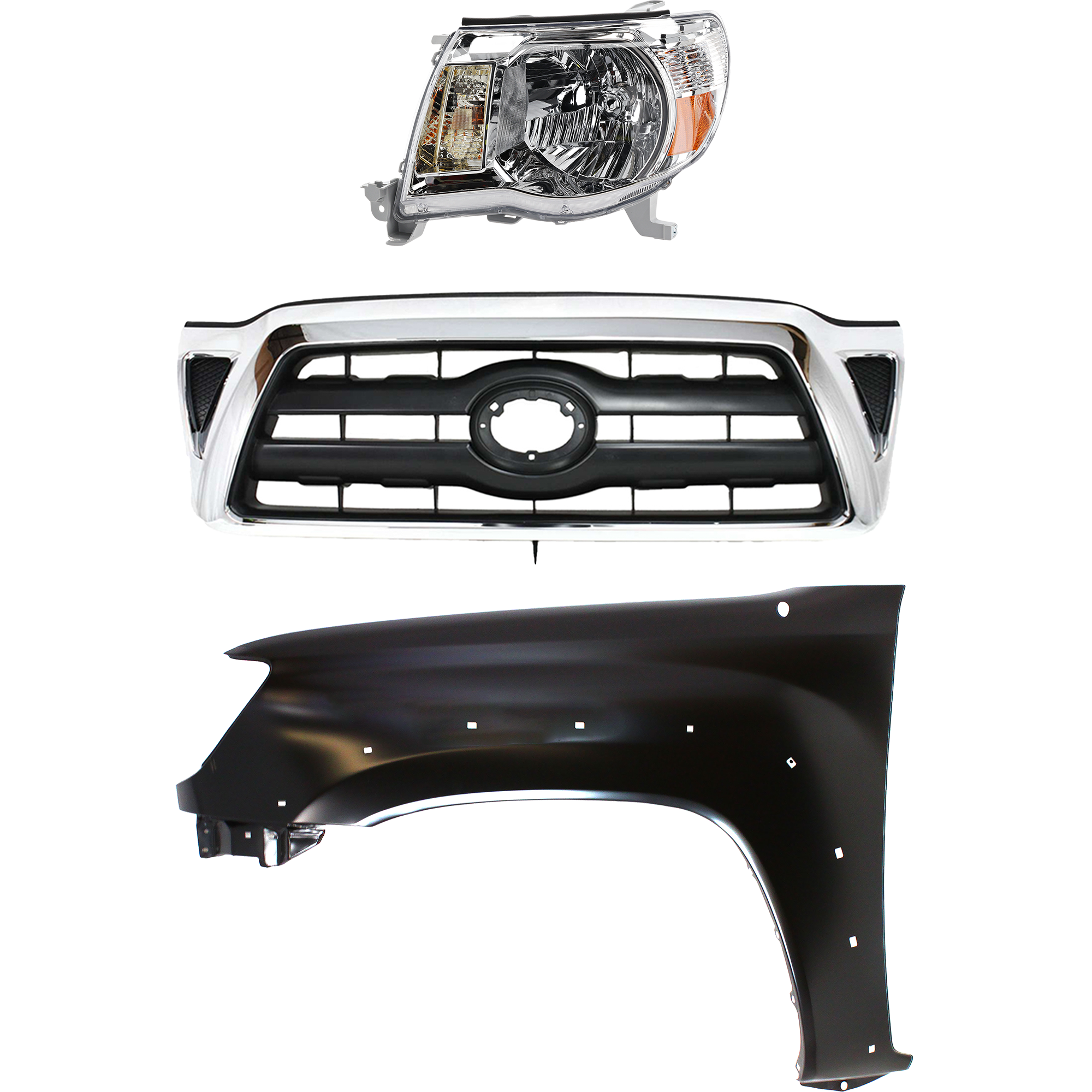 AM TACOMA 05-08 GRILLE Chrome Shell with Black Insert 3 pc Kit with Fender and Headlight SKU KIT 031323-20502 Partslink TO1200268 TO1240208 TO2502157 OEM 5310004360-5381204100-81150041