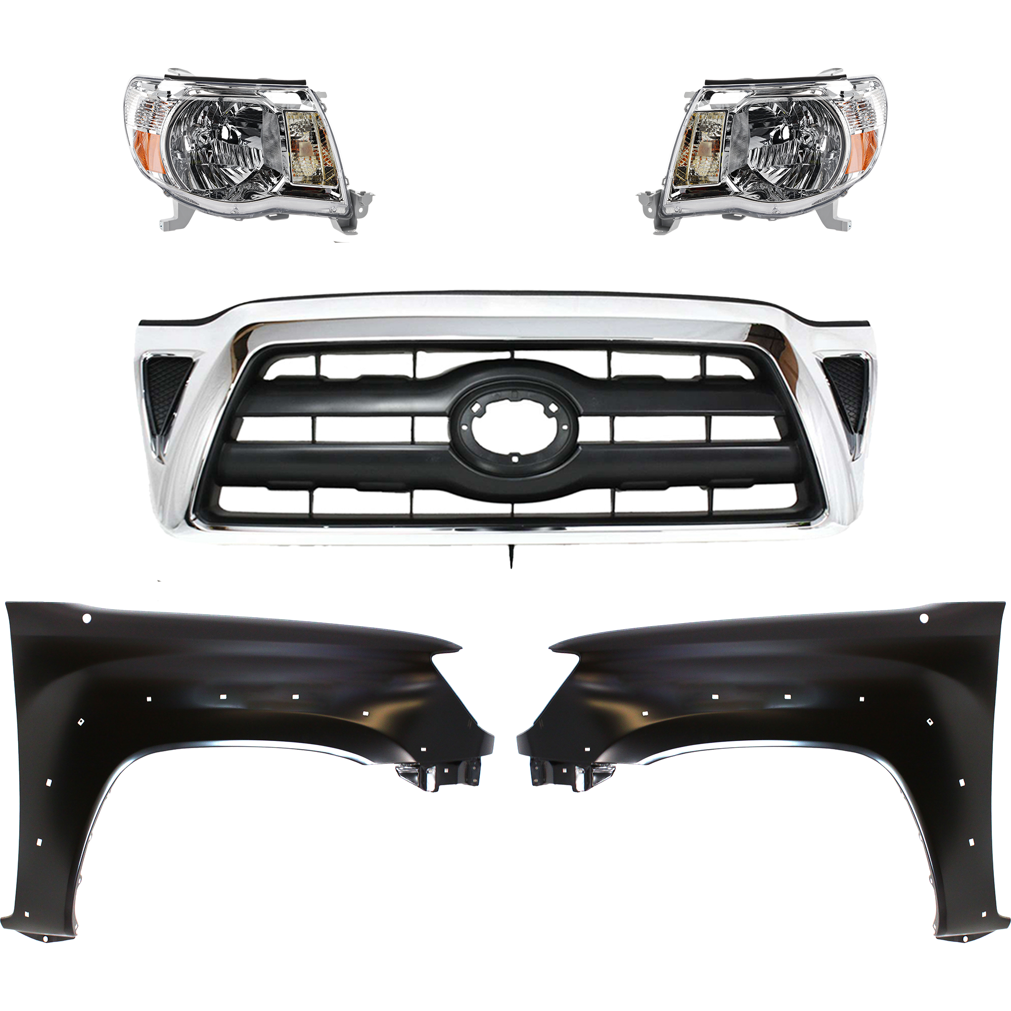 AM TACOMA 05-08 GRILLE Chrome Shell with Black Insert 5 pc Kit with Fenders and Headlights SKU KIT 031323-205 Partslink TO1200268 TO1241208 TO1240208 TO2502157 TO2503157 OEM 5310004360-5381104100-53812041