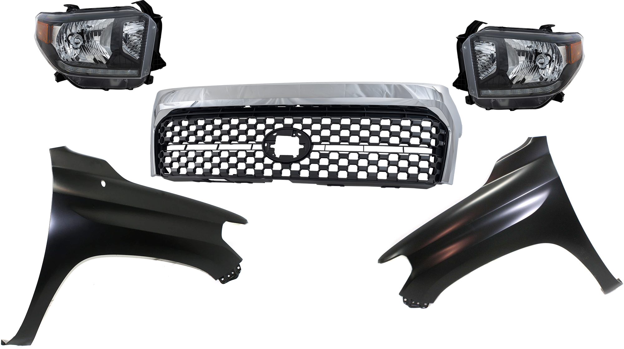 AM TUNDRA 18-19 HEAD LAMP RH AND LH Lens and Housing LED 5 pc Kit with Fenders and Grille Assembly SKU KIT 031323-20 Partslink TO2505126 TO1241249 TO1240249 TO1200453 OEM 811500C090-811100C090-538110C0