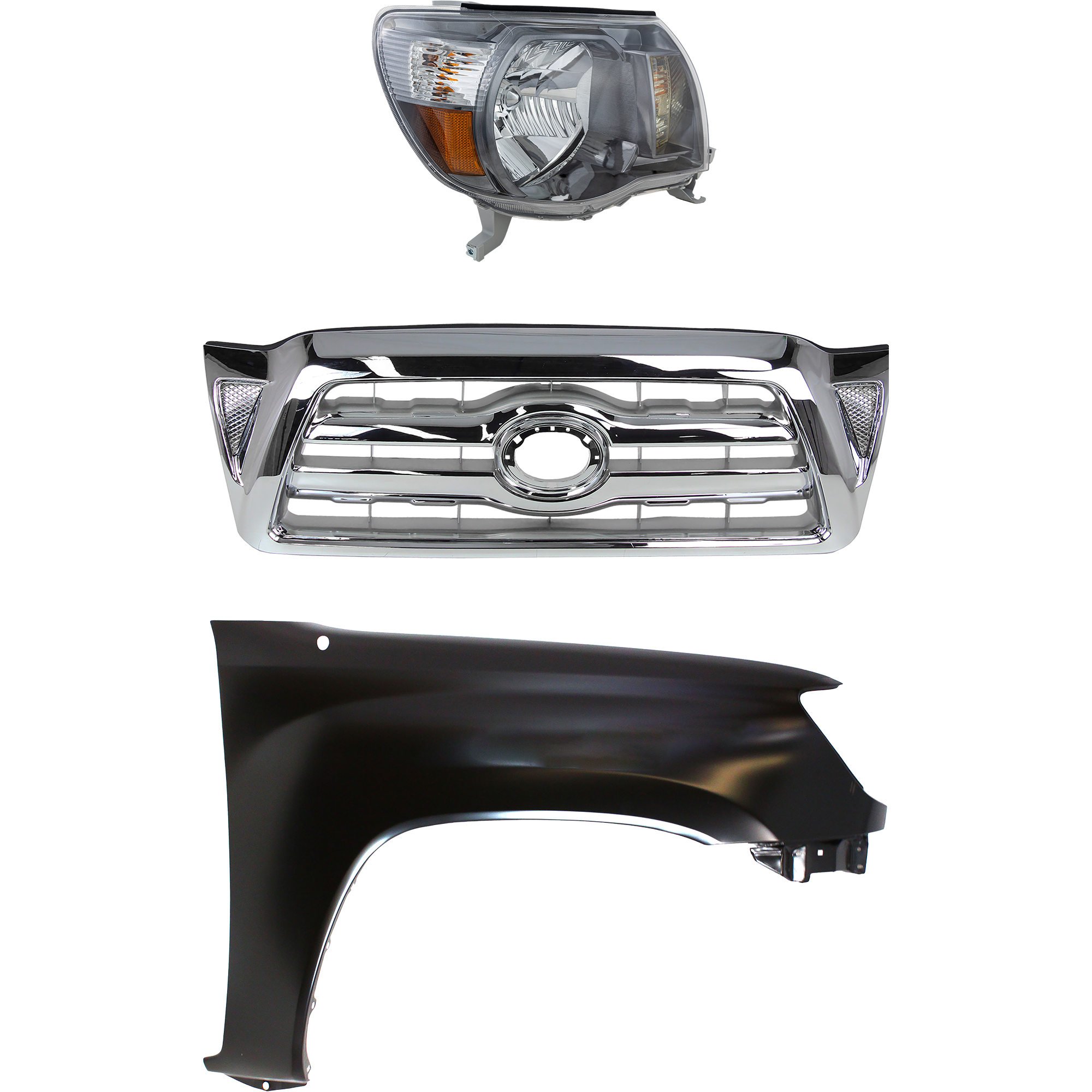 AM TACOMA 05-08 HEAD LAMP RH Assembly Halogen 3 pc Kit with Fender and Grille Assembly CAPA SKU KIT 031323-21001 Partslink Performance TO1241206C TO2503181C OEM 5381104090-8111004173 Performa