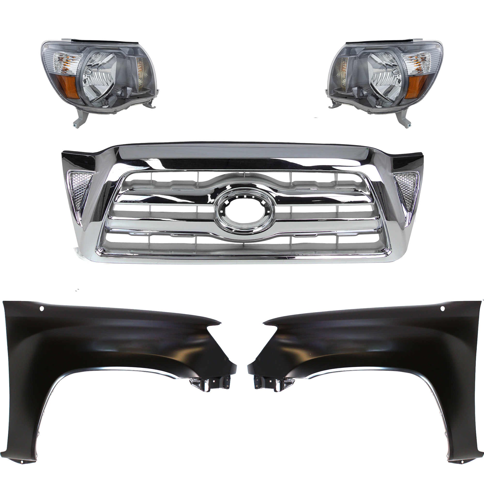 AM TACOMA 05-08 HEAD LAMP RH AND LH Assembly Halogen 5 pc Kit with Fenders and Grille Assembly CAPA SKU KIT 031323-210 Partslink Performance TO1240206C TO1241206C TO2502181C TO2503181C OEM 5381104090-5381204090-81110041