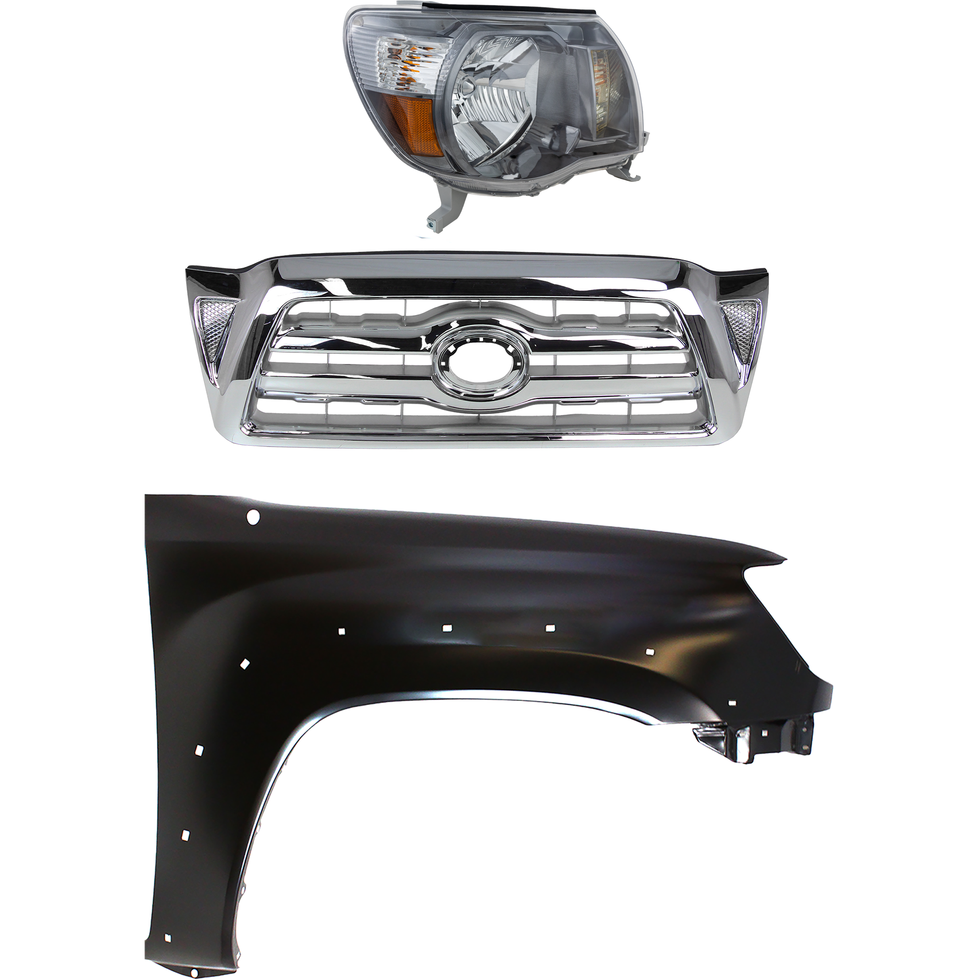 AM TACOMA 05-08 HEAD LAMP RH Assembly Halogen 3 pc Kit with Fender and Grille Assembly CAPA SKU KIT 031323-21201 Partslink Performance TO1241208C TO2503181C OEM 5381104100-8111004173 Performa