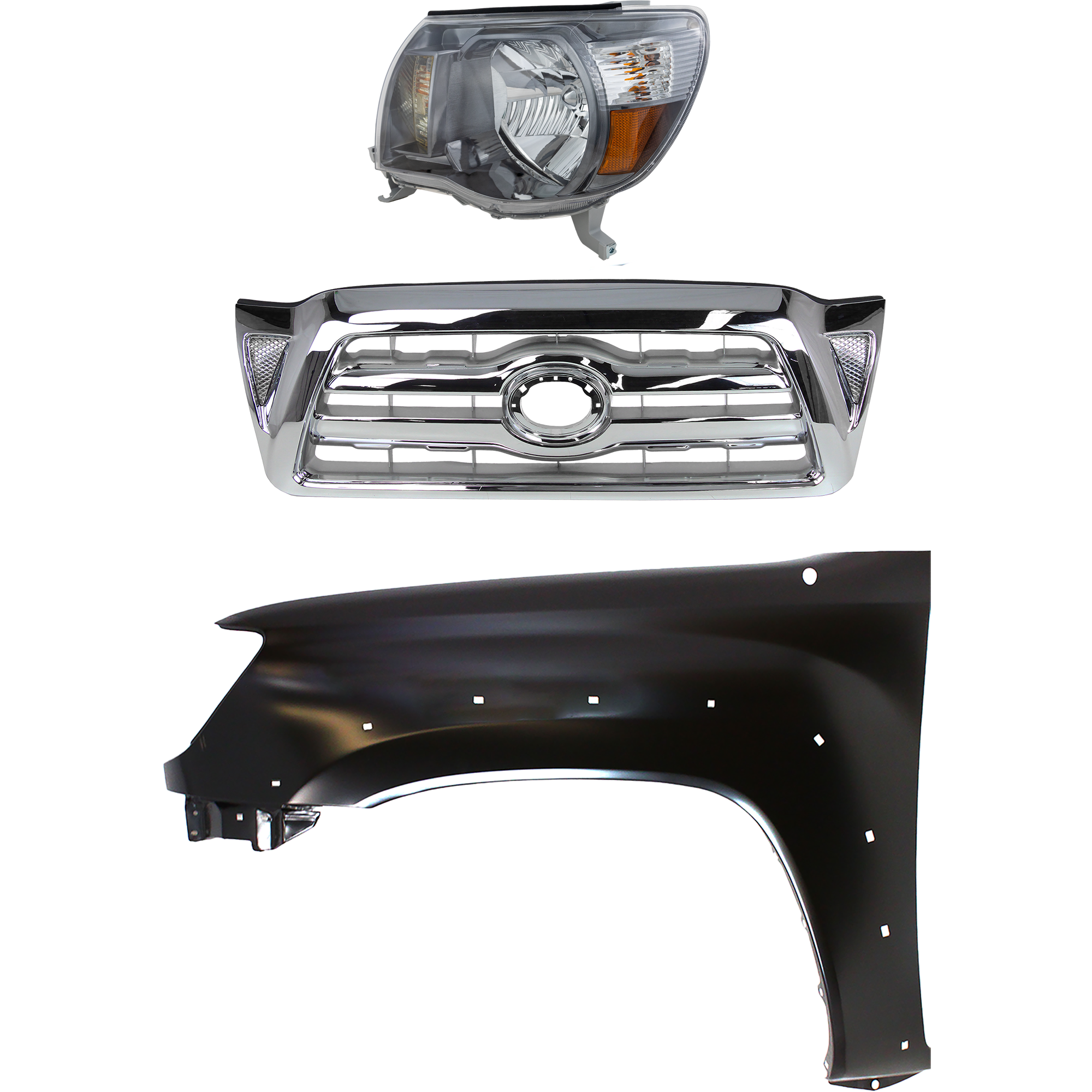AM TACOMA 05-08 HEAD LAMP LH Assembly Halogen 3 pc Kit with Fender and Grille Assembly CAPA SKU KIT 031323-21202 Partslink Performance TO1240208C TO2502181C OEM 5381204100-8115004173 Performa