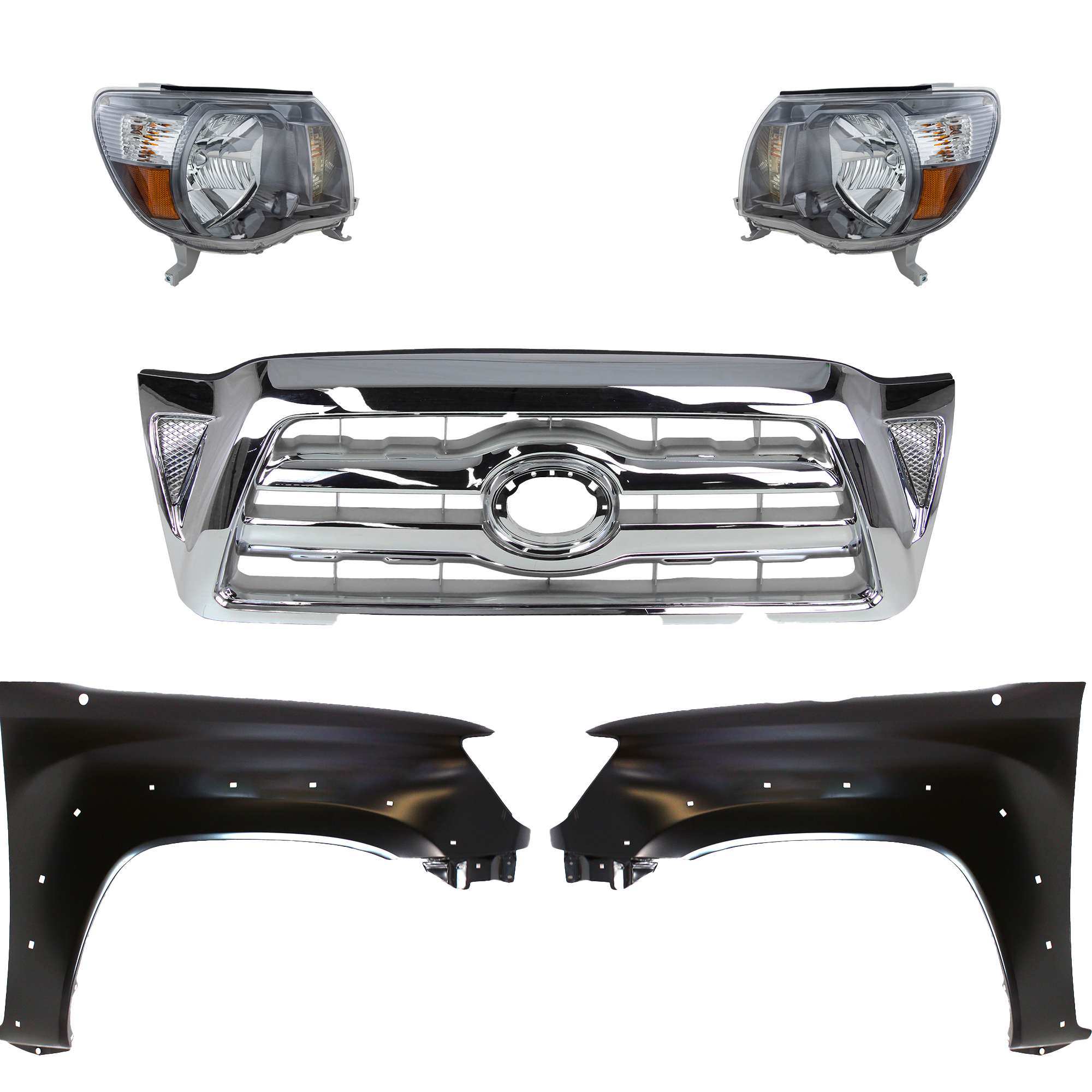AM TACOMA 05-08 HEAD LAMP RH AND LH Assembly Halogen 5 pc Kit with Fenders and Grille Assembly CAPA SKU KIT 031323-212 Partslink Performance TO1240208C TO1241208C TO2502181C TO2503181C OEM 5381104100-5381204100-81110041