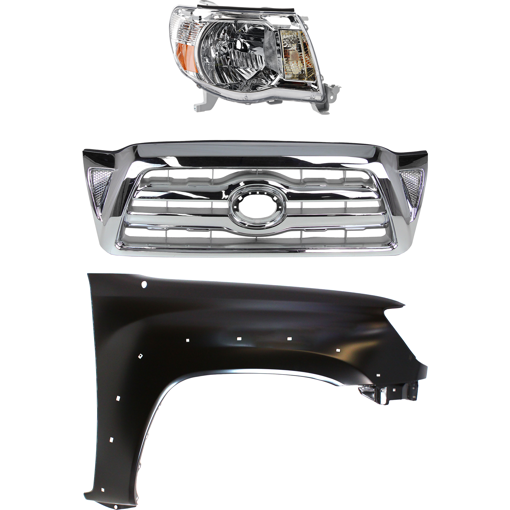 AM TACOMA 05-08 GRILLE Chrome Shell and Insert 3 pc Kit with Fender and Headlight SKU KIT 031323-21301 Partslink Performance TO1241208C TO2503157C OEM 5381104100-8111004163 Performa
