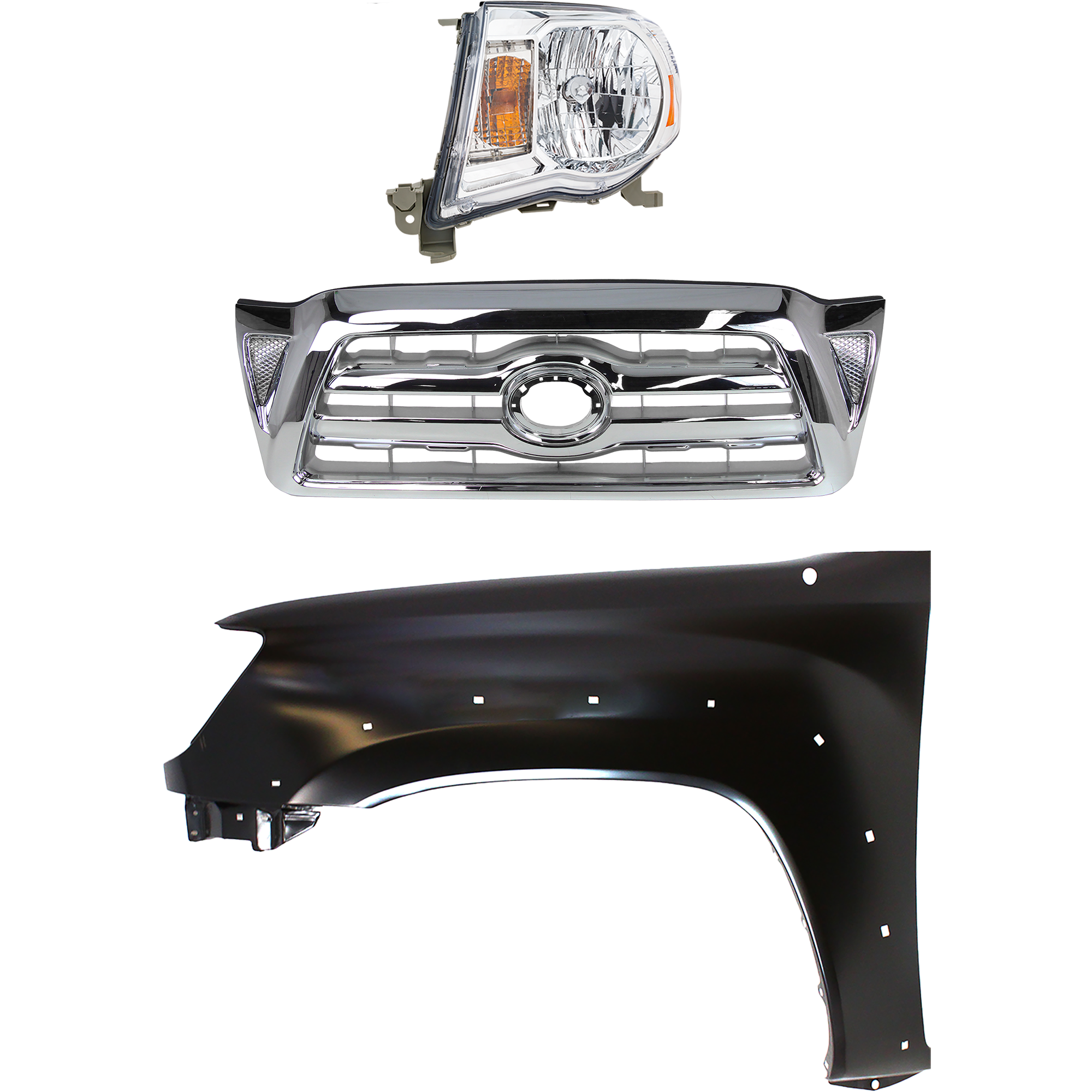 AM TACOMA 05-08 GRILLE Chrome Shell and Insert 3 pc Kit with Fender and Headlight SKU KIT 031323-21302 Partslink Performance TO1240208C TO2502157C OEM 5381204100-8115004163 Performa