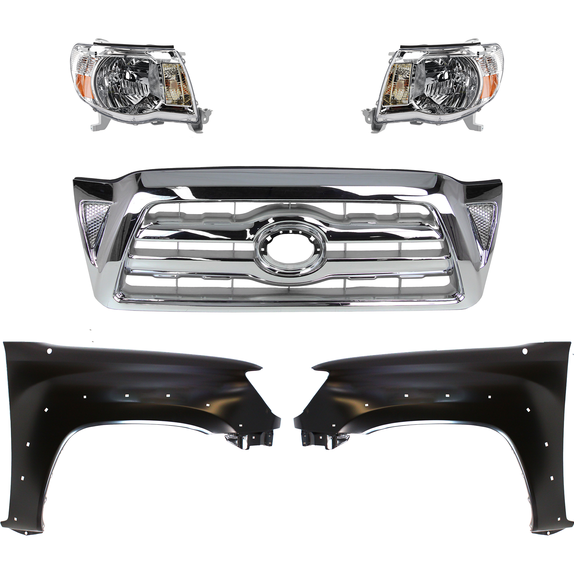AM TACOMA 05-08 GRILLE Chrome Shell and Insert 5 pc Kit with Fenders and Headlights SKU KIT 031323-213 Partslink Performance TO1240208C TO1241208C TO2502157C TO2503157C OEM 5381104100-5381204100-81110041