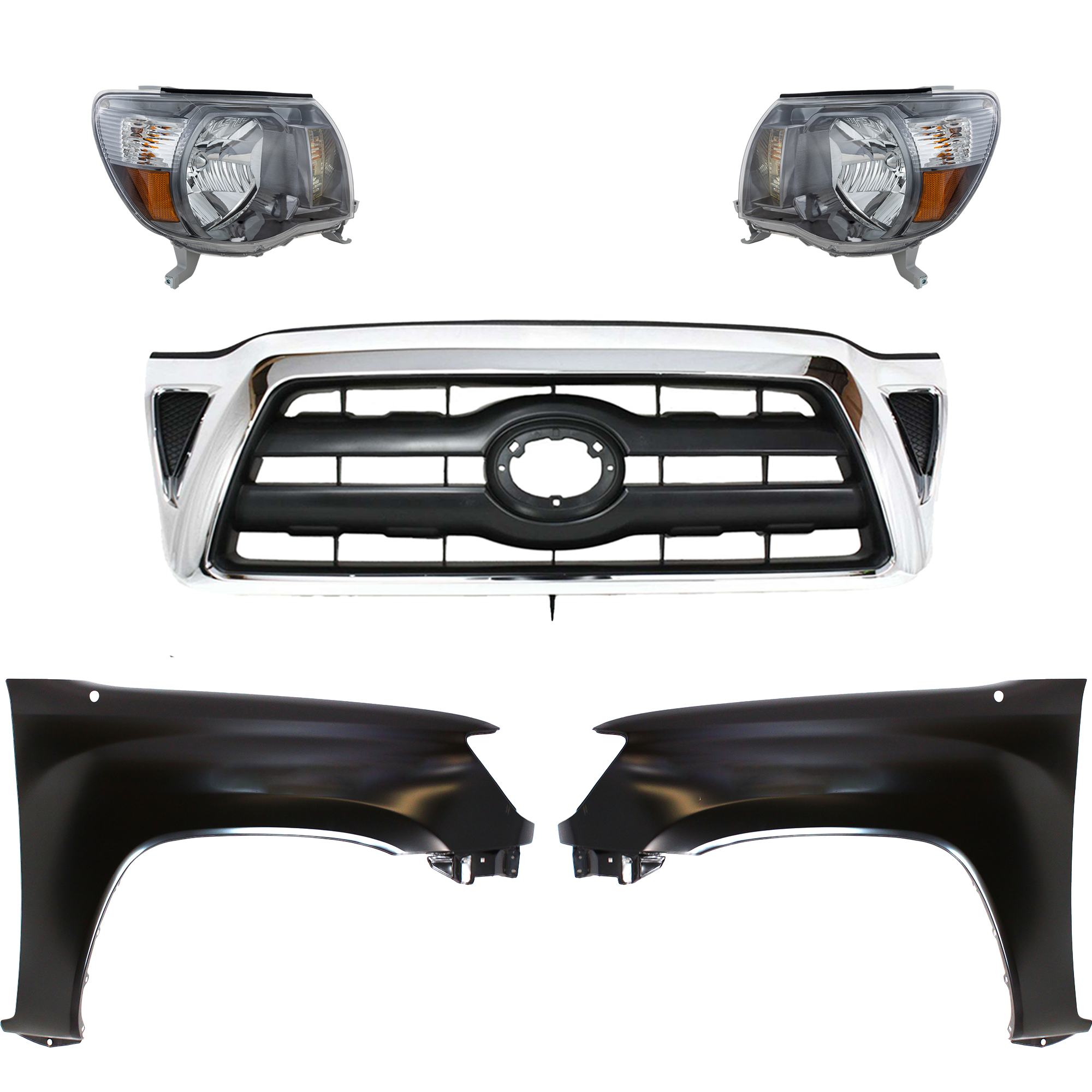 AM TACOMA 05-08 HEAD LAMP RH AND LH Assembly Halogen 5 pc Kit with Fenders and Grille Assembly CAPA SKU KIT 031323-215 Partslink TO1200268 TO1240206C TO1241206C TO2502181C TO2503181C OEM 5310004360-5381104090-53812040