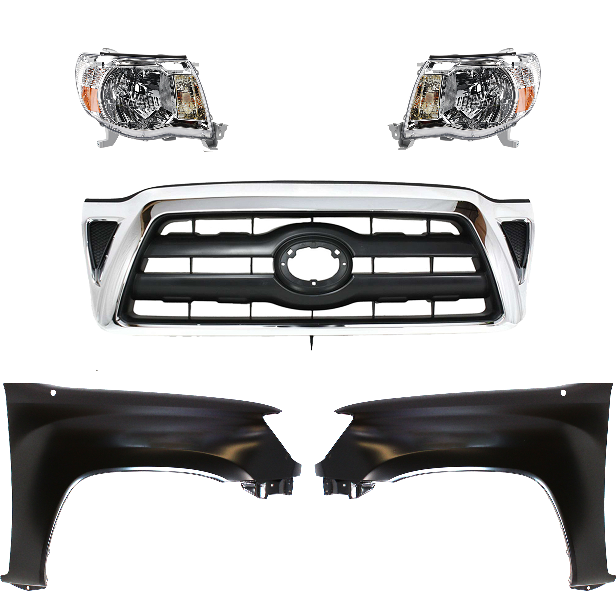 AM TACOMA 05-08 HEAD LAMP RH AND LH Assembly Halogen 5 pc Kit with Fenders and Grille Assembly CAPA SKU KIT 031323-216 Partslink TO1200268 TO1240206C TO1241206C TO2502157C TO2503157C OEM 5310004360-5381104090-53812040