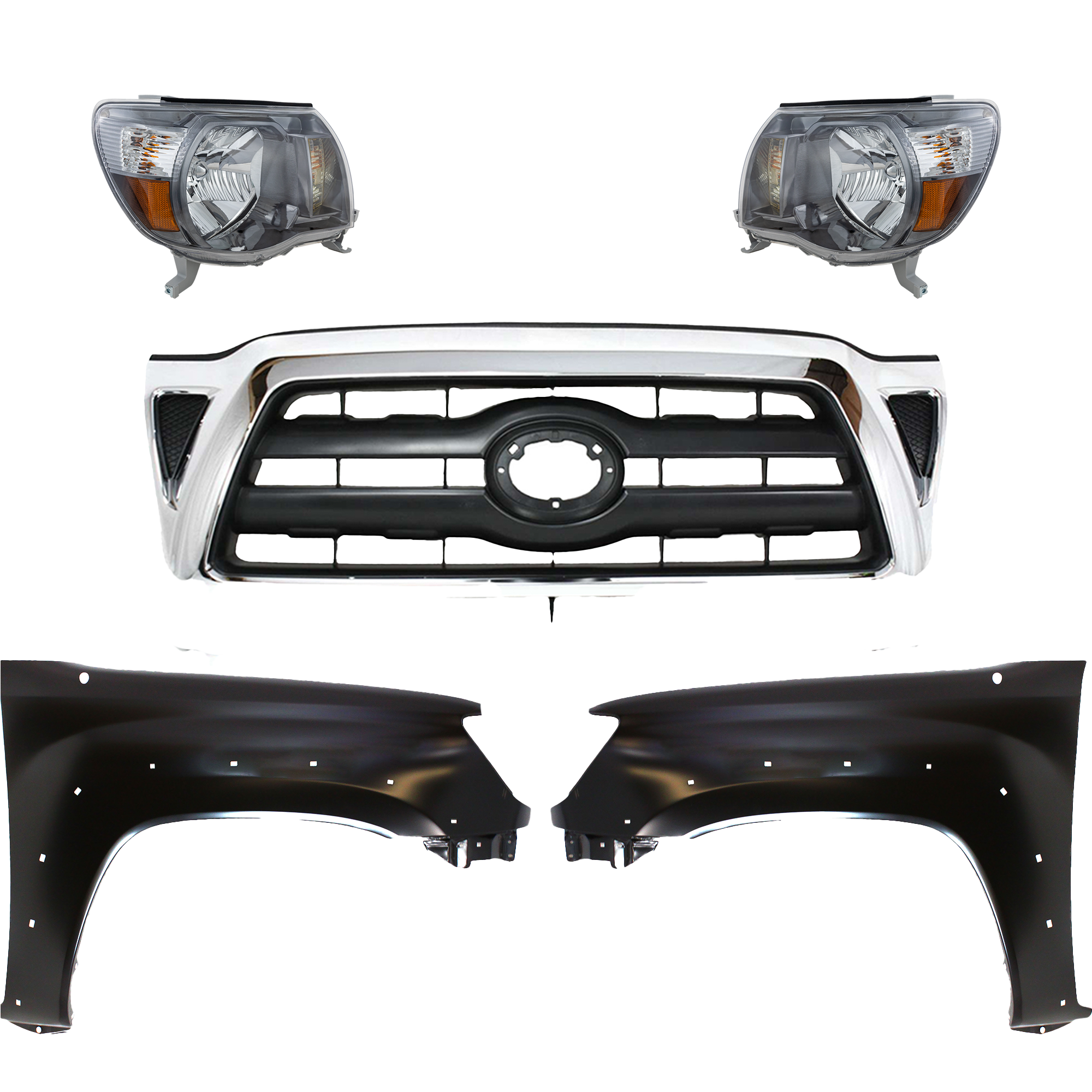 AM TACOMA 05-08 HEAD LAMP RH AND LH Assembly Halogen 5 pc Kit with Fenders and Grille Assembly CAPA SKU KIT 031323-217 Partslink TO1200268 TO1240208C TO1241208C TO2502181C TO2503181C OEM 5310004360-5381104100-53812041