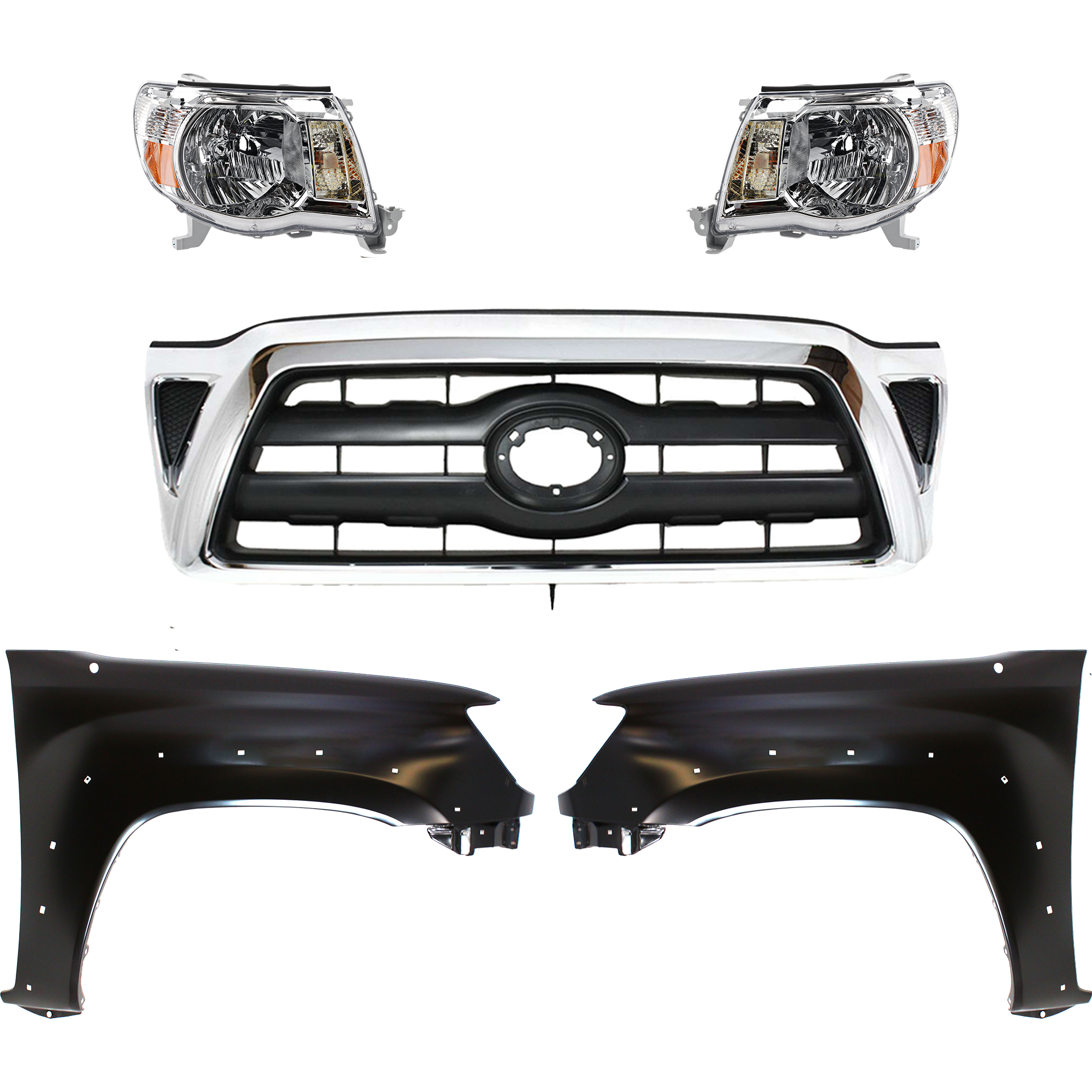 AM TACOMA 05-08 HEAD LAMP RH AND LH Assembly Halogen 5 pc Kit with Fenders and Grille Assembly CAPA SKU KIT 031323-218 Partslink TO1200268 TO1240208C TO1241208C TO2502157C TO2503157C OEM 5310004360-5381104100-53812041