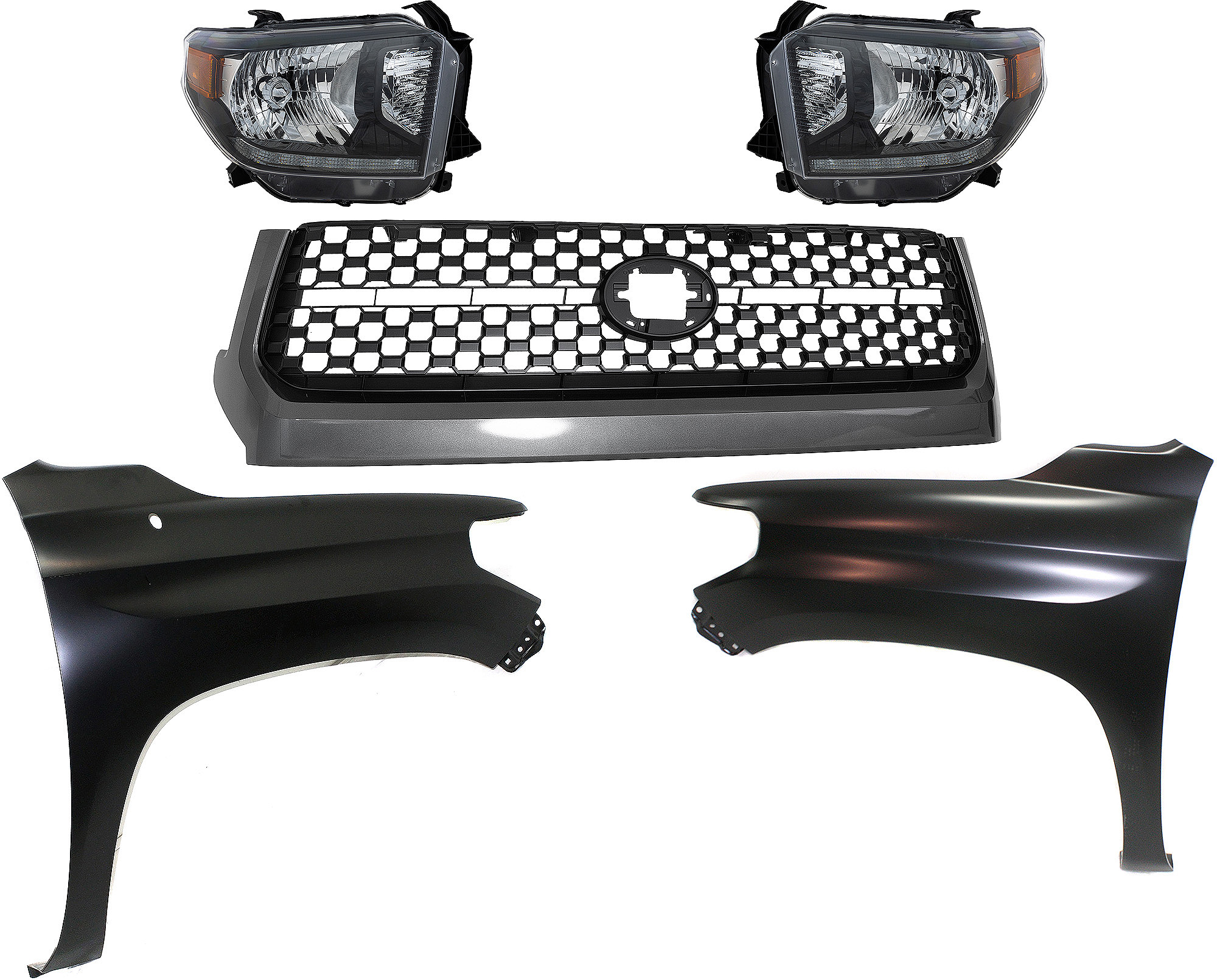 AM TUNDRA 18-19 HEAD LAMP RH AND LH Lens and Housing LED 5 pc Kit with Fenders and Grille Assembly SKU KIT 031323-21 Partslink TO2505126 TO1241249 TO1240249 TO1200451 OEM 811500C090-811100C090-538110C0