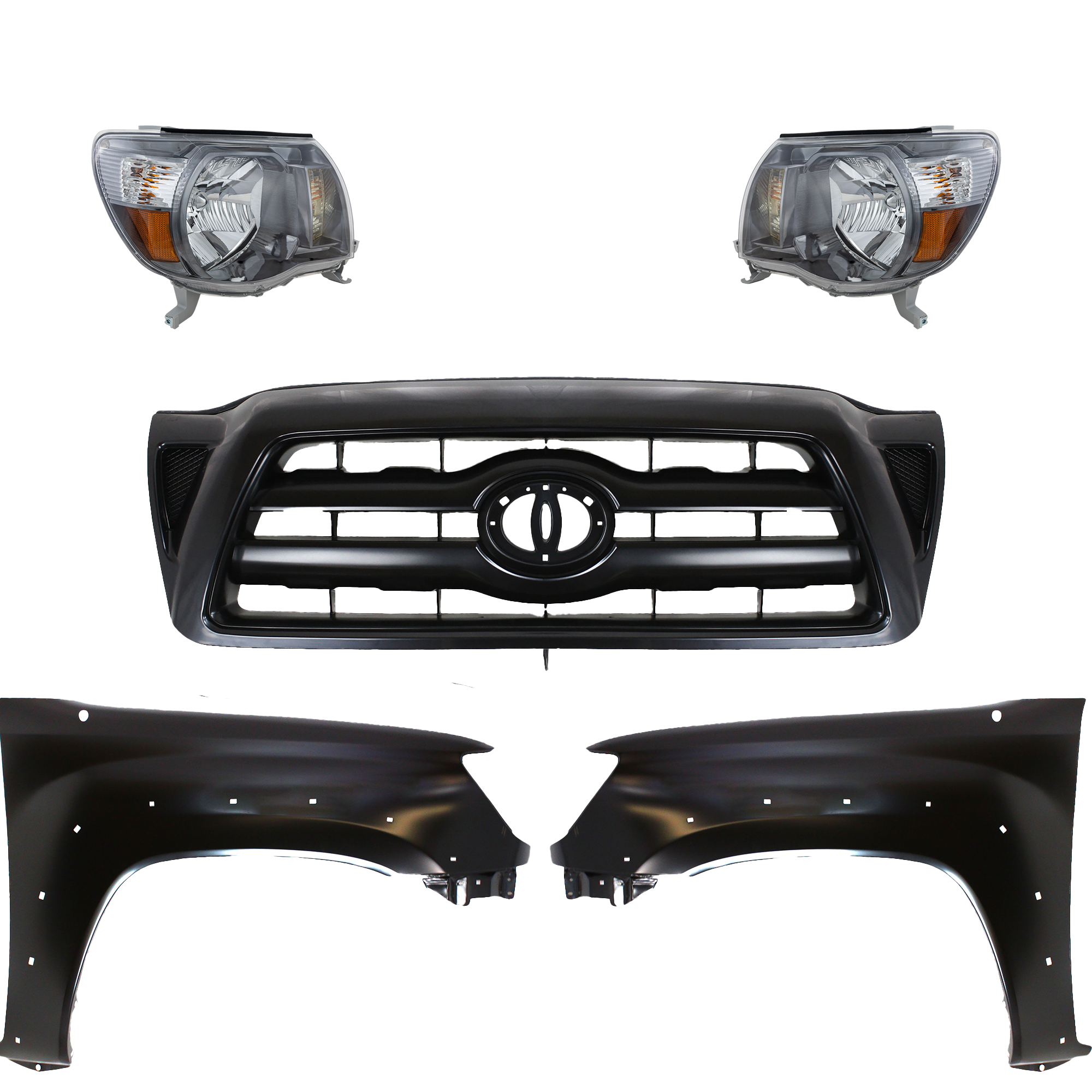 AM TACOMA 05-10 HEAD LAMP RH AND LH Assembly Halogen 5 pc Kit with Fenders and Grille Assembly CAPA SKU KIT 031323-221 Partslink TO1200279 TO1240208C TO1241208C TO2502181C TO2503181C OEM 5310004370C0-5381104100-538120