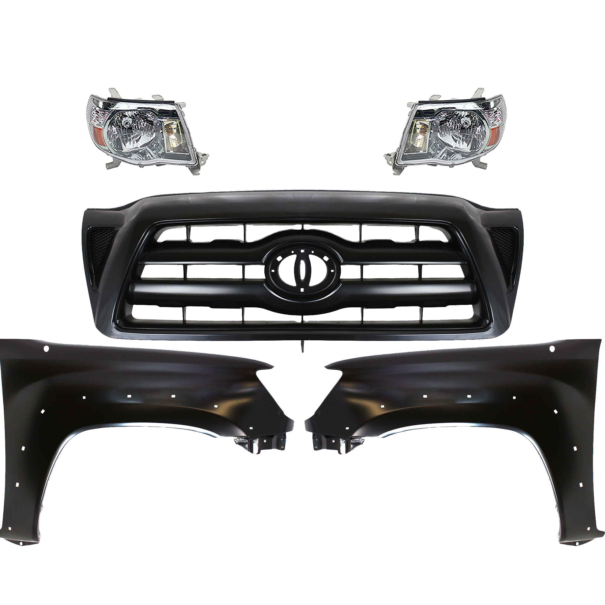 AM TACOMA 05-10 HEAD LAMP RH AND LH Assembly Halogen 5 pc Kit with Fenders and Grille Assembly CAPA SKU KIT 031323-222 Partslink TO1200279 TO1240208C TO1241208C TO2502157C TO2503157C OEM 5310004370C0-5381104100-538120