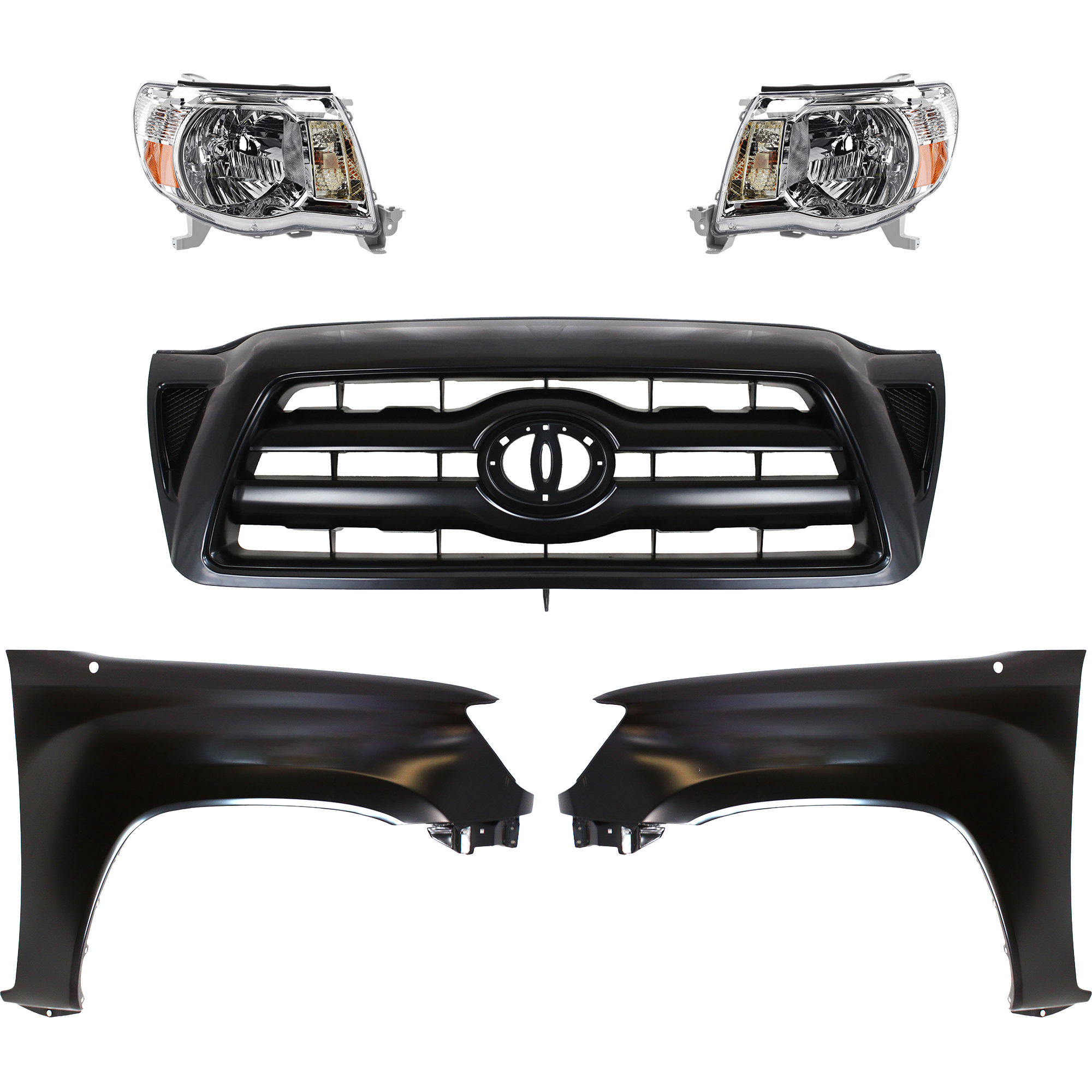AM TACOMA 05-10 HEAD LAMP RH AND LH Assembly Halogen 5 pc Kit with Fenders and Grille Assembly SKU KIT 031323-224 Partslink TO2502157 TO2503157 TO1240206 TO1241206 TO1200279 OEM 8111004163-8115004163-53812040