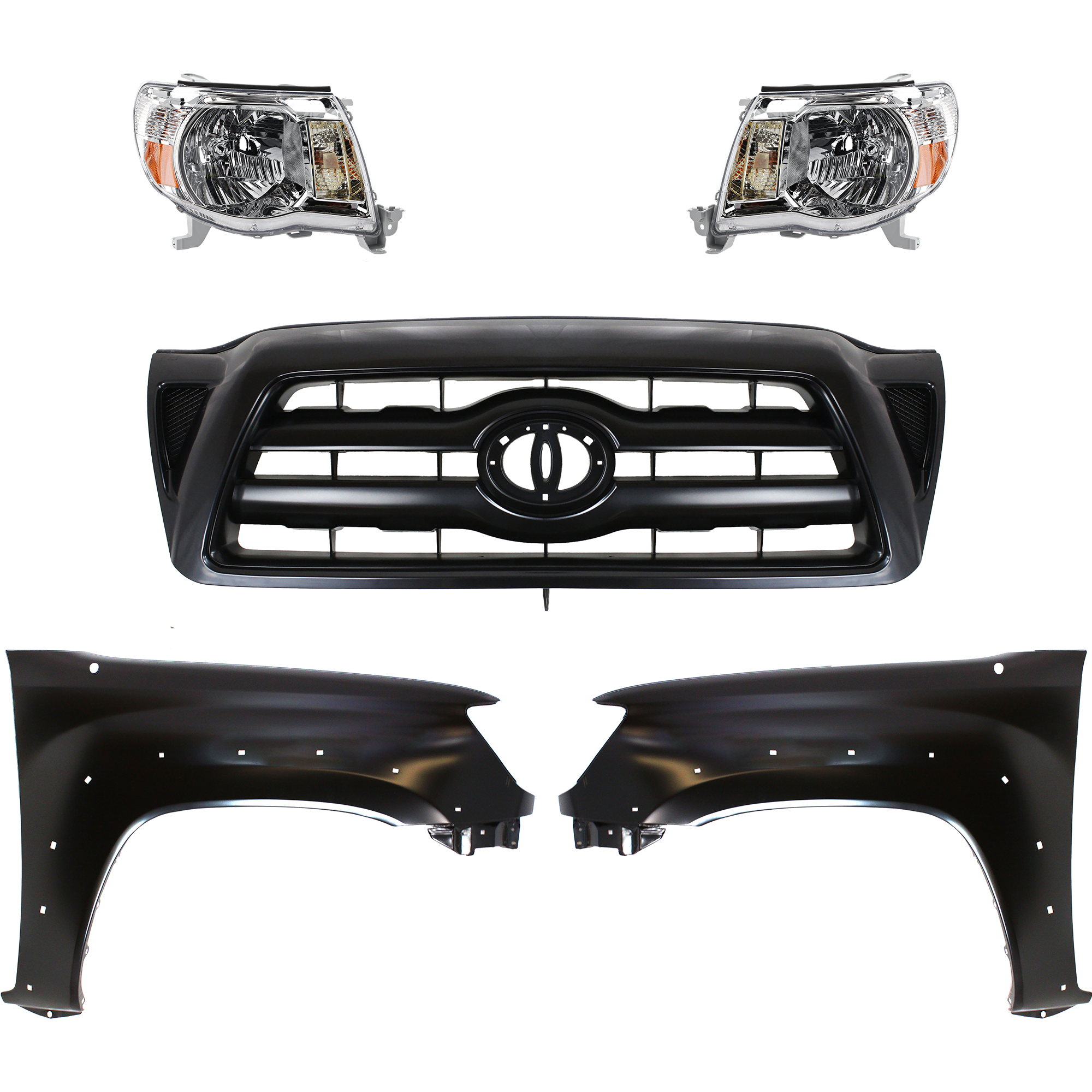 AM TACOMA 05-10 HEAD LAMP RH AND LH Assembly Halogen 5 pc Kit with Fenders and Grille Assembly SKU KIT 031323-227 Partslink TO2503157 TO2502157 TO1241208 TO1240208 TO1200279 OEM 8111004163-8115004163-53811041