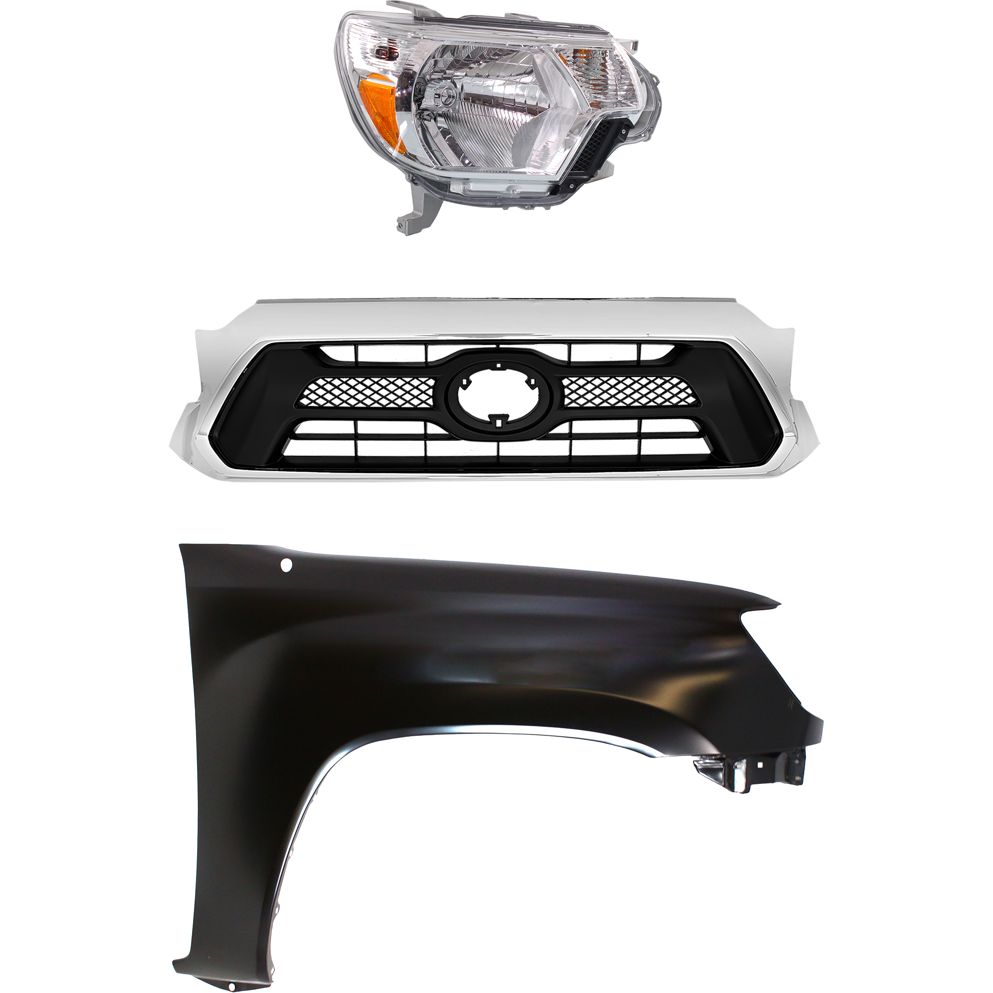 AM TACOMA 12-15 HEAD LAMP RH Assembly Halogen 3 pc Kit with Fender and Grille Assembly SKU KIT 031323-22801 Partslink TO2503213 TO1241206 TO1200351 OEM 8111004181-5381104090-53100044