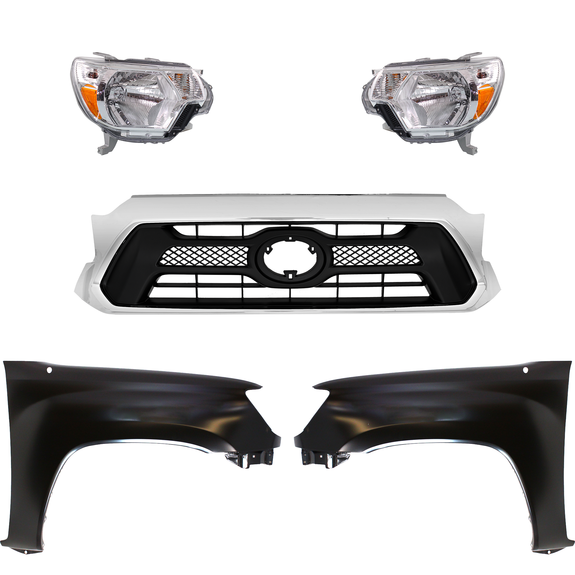 AM TACOMA 12-15 HEAD LAMP RH AND LH Assembly Halogen 5 pc Kit with Fenders and Grille Assembly SKU KIT 031323-228 Partslink TO2502213 TO2503213 TO1240206 TO1241206 TO1200351 OEM 8111004181-8115004181-53812040