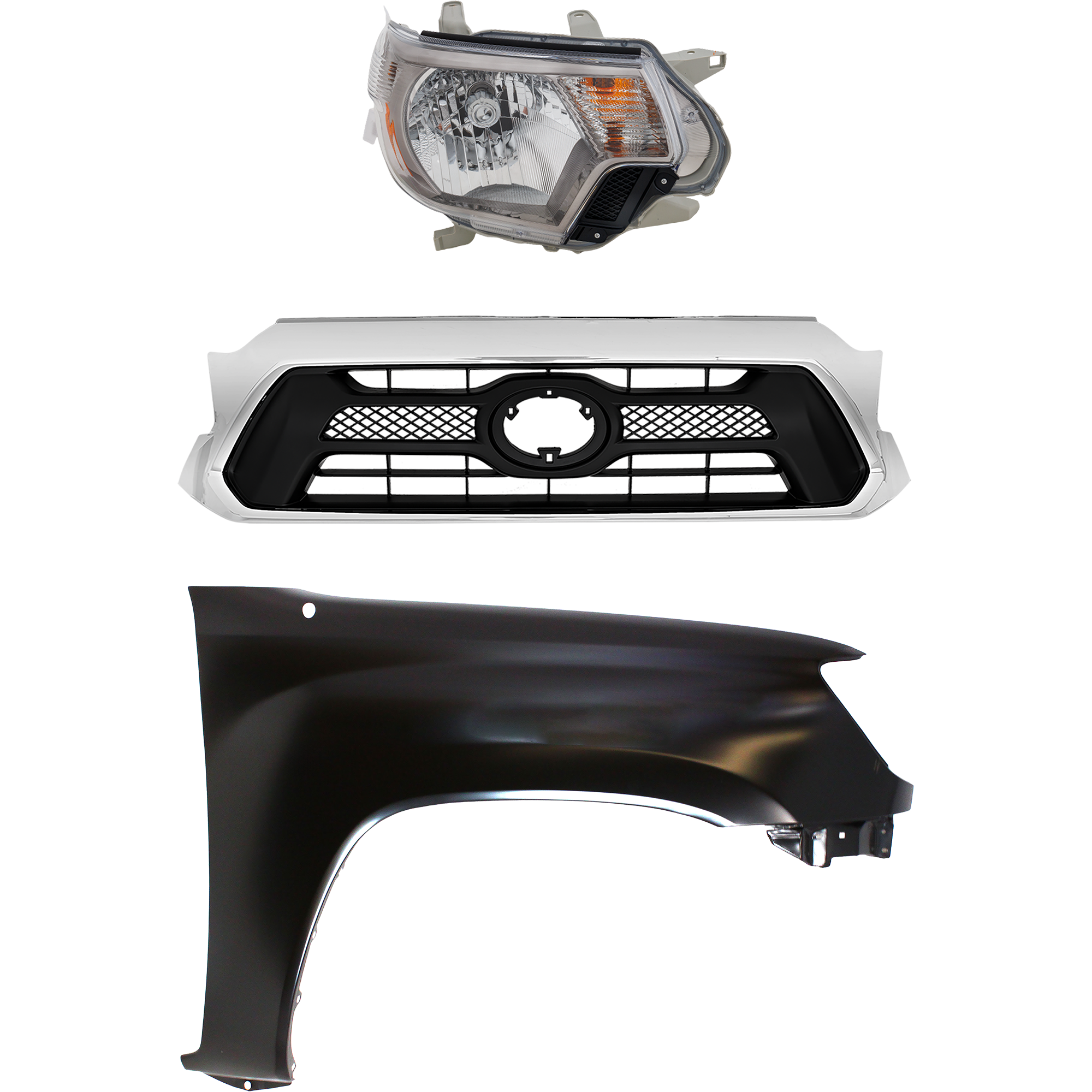 AM TACOMA 14-15 HEAD LAMP RH Assembly 3 pc Kit with Fender and Grille Assembly SKU KIT 031323-22901 Partslink TO2503232 TO1241206 TO1200351 OEM 8-111-004-221-538-110-000-000-000-000
