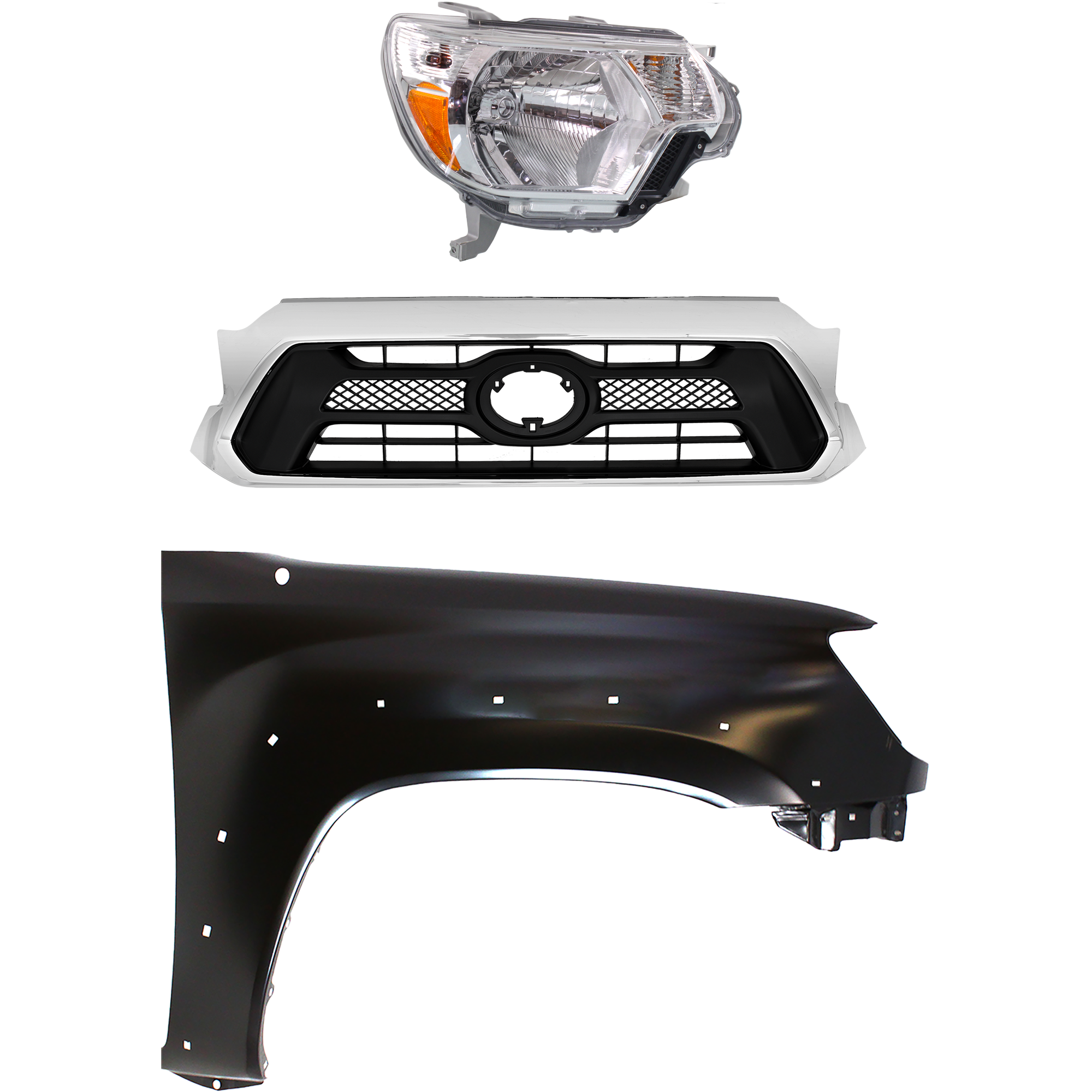 AM TACOMA 12-15 HEAD LAMP RH Assembly Halogen 3 pc Kit with Fender and Grille Assembly SKU KIT 031323-23001 Partslink TO2503213 TO1241208 TO1200351 OEM 8111004181-5381104100-53100044
