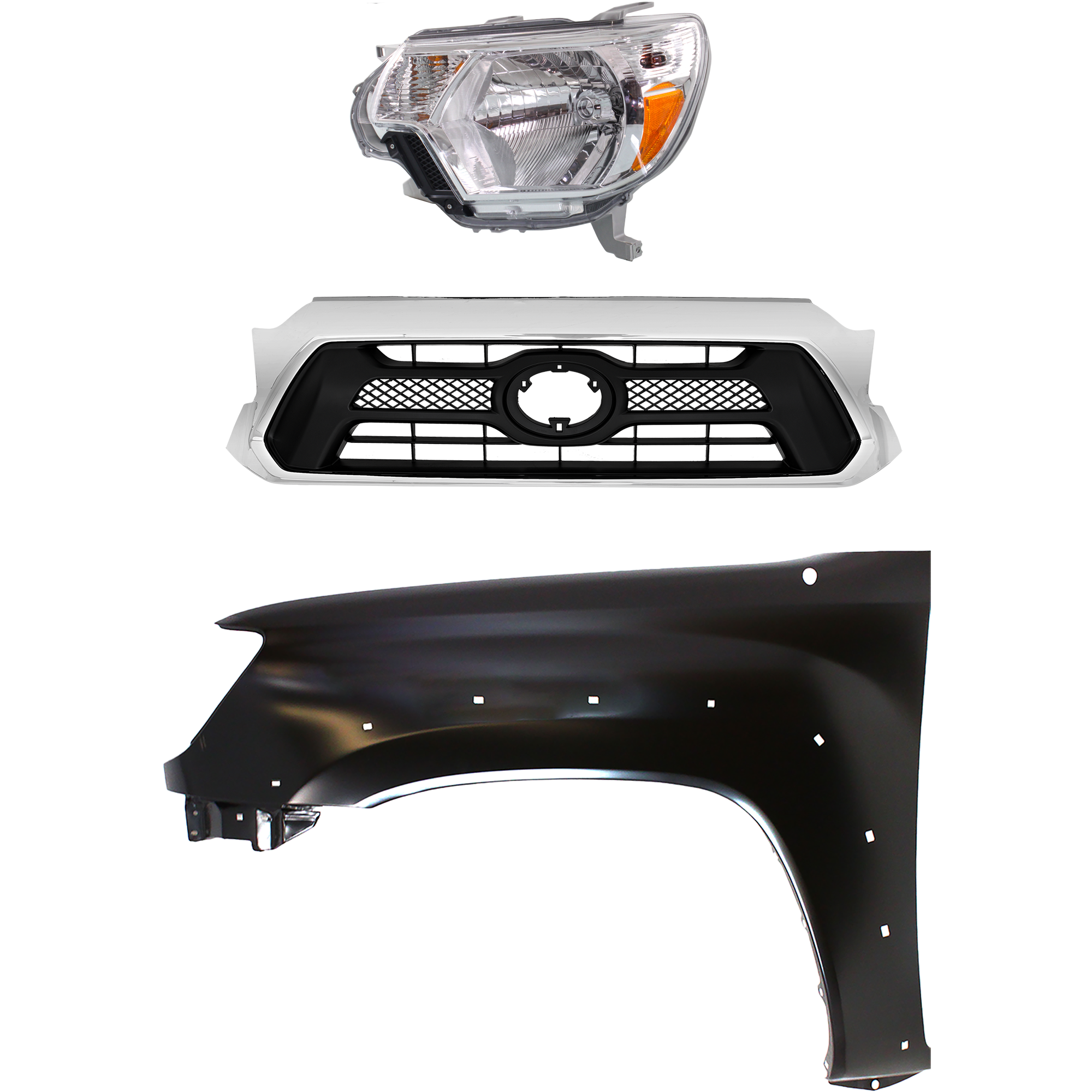 AM TACOMA 12-15 HEAD LAMP LH Assembly Halogen 3 pc Kit with Fender and Grille Assembly SKU KIT 031323-23002 Partslink TO2502213 TO1240208 TO1200351 OEM 8115004181-5381204100-53100044