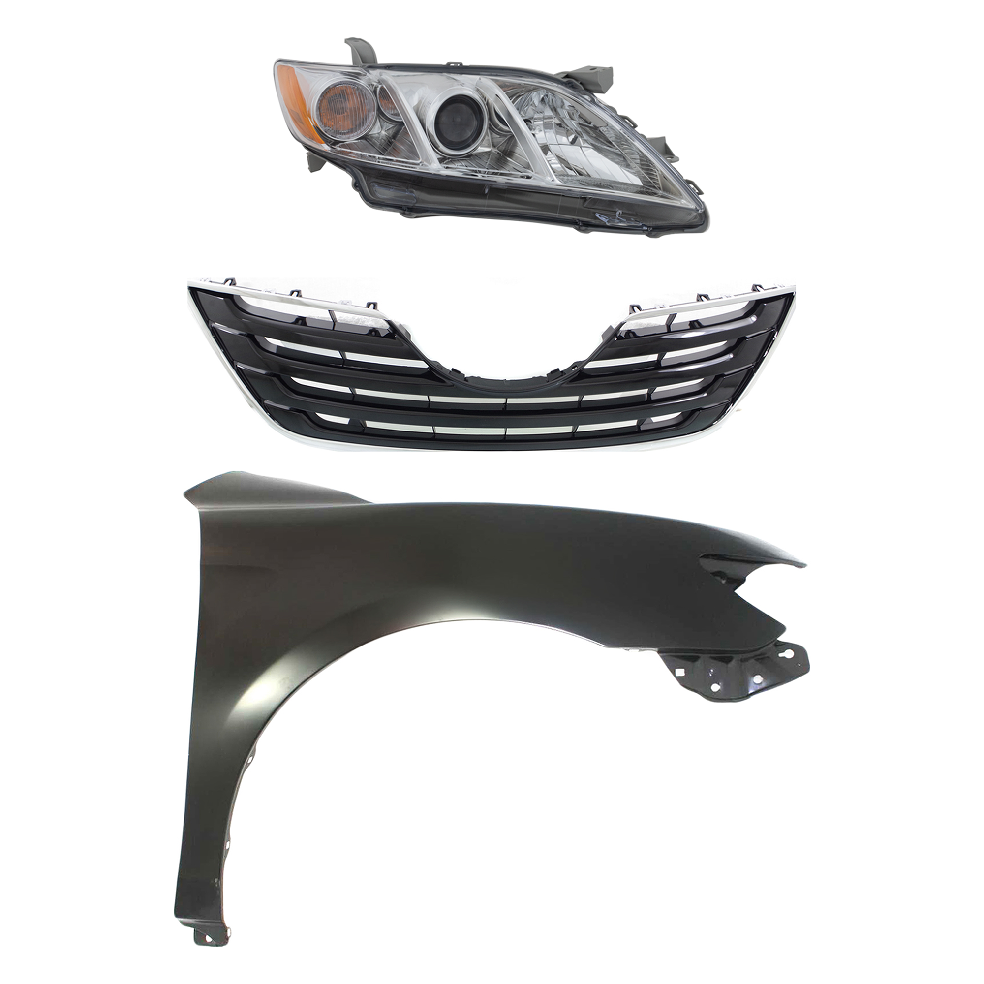 AM CAMRY 07-09 HEAD LAMP RH Assembly Halogen 3 pc Kit with Fender and Grille Assembly CAPA SKU KIT 031323-2301 Partslink TO1200289C TO1241211C TO2503197C OEM 5310106080C0-5380106110-811100