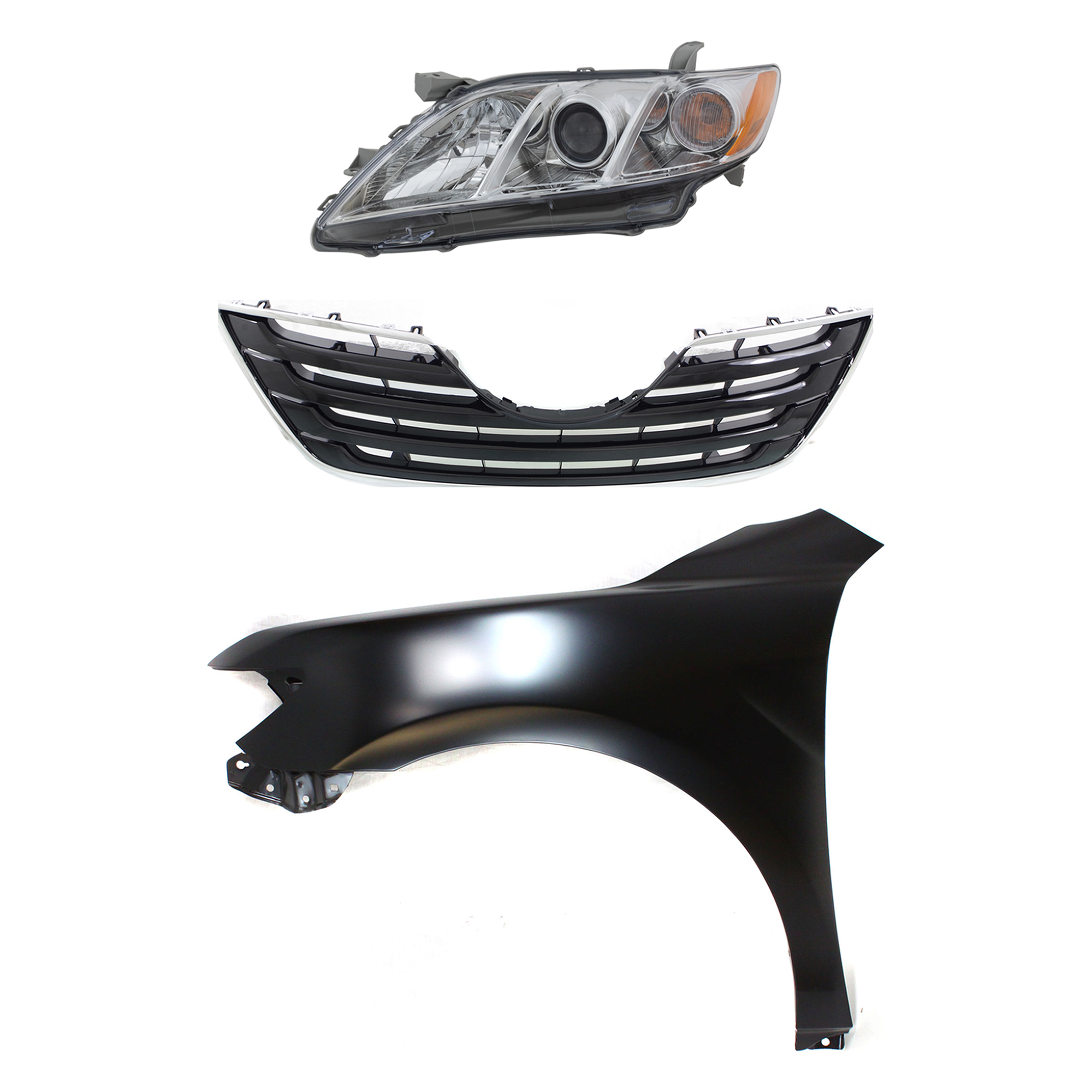 AM CAMRY 07-09 HEAD LAMP LH Assembly Halogen 3 pc Kit with Fender and Grille Assembly CAPA SKU KIT 031323-2302 Partslink TO1200289C TO1240211C TO2502197C OEM 5310106080C0-5380206120-811500