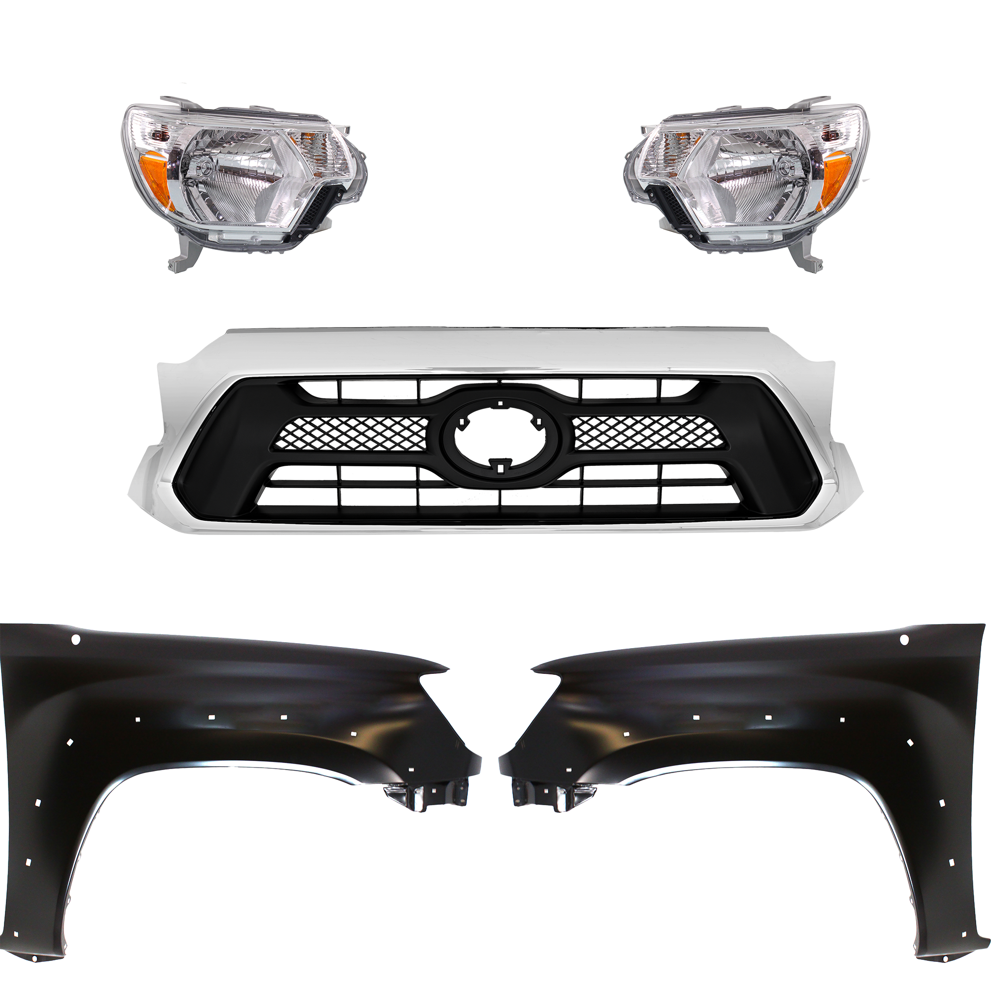 AM TACOMA 12-15 HEAD LAMP RH AND LH Assembly Halogen 5 pc Kit with Fenders and Grille Assembly SKU KIT 031323-230 Partslink TO2502213 TO2503213 TO1241208 TO1240208 TO1200351 OEM 8115004181-8111004181-53811041