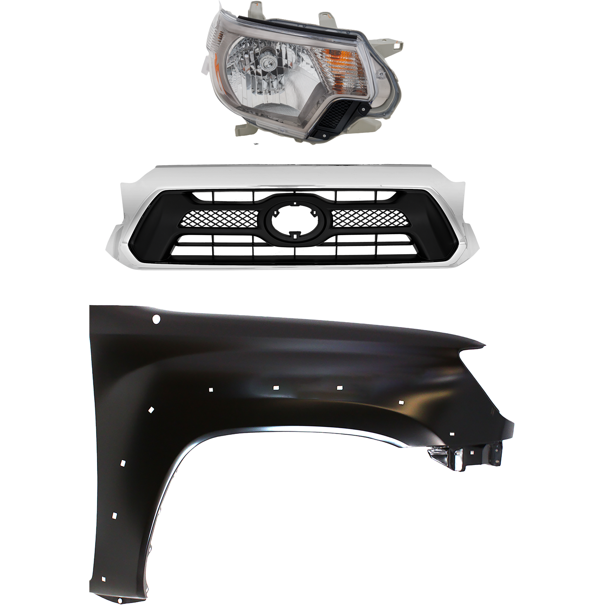 AM TACOMA 14-15 HEAD LAMP RH Assembly 3 pc Kit with Fender and Grille Assembly SKU KIT 031323-23101 Partslink TO2503232 TO1241208 TO1200351 OEM 8-111-004-221-538-110-000-000-000-000