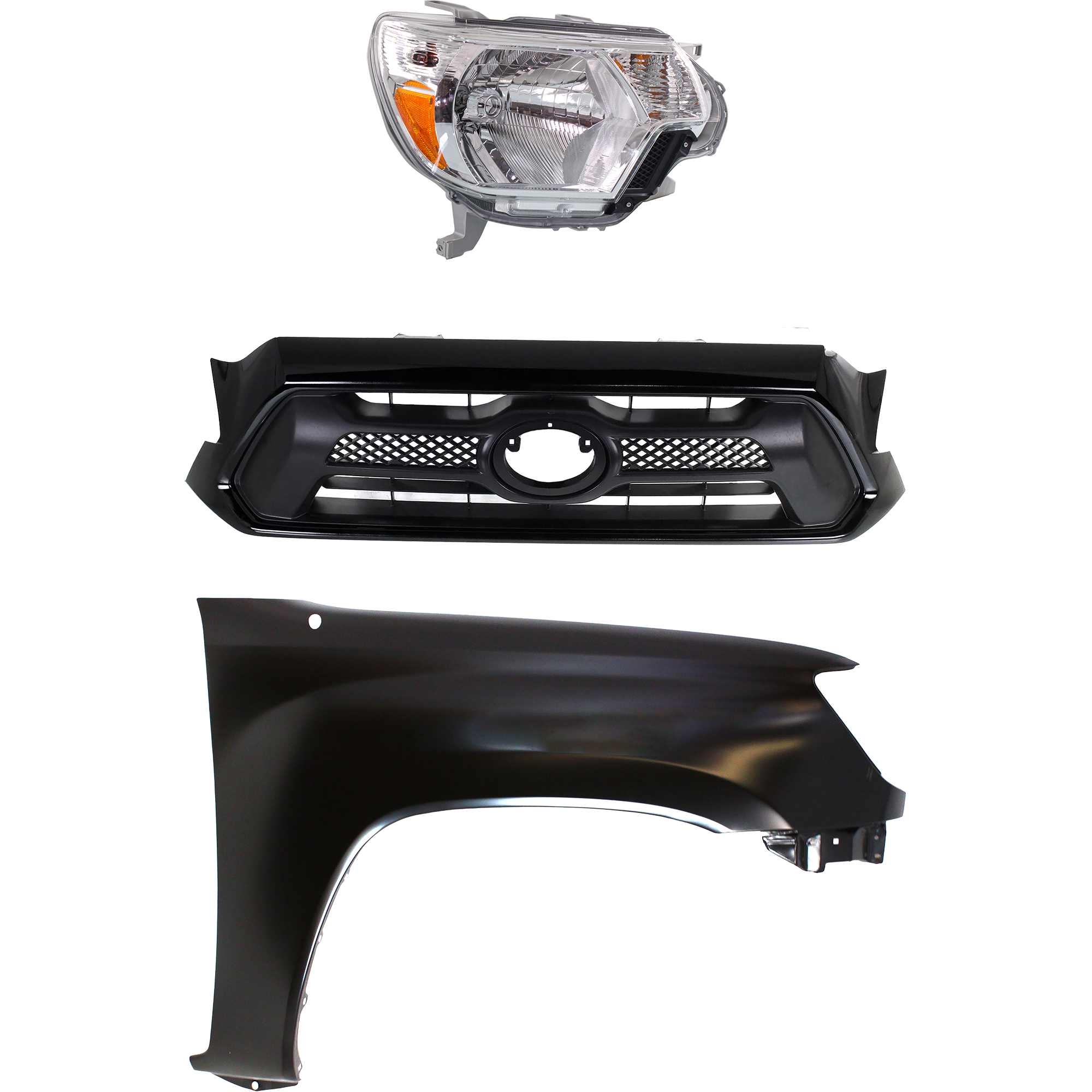 AM TACOMA 12-15 HEAD LAMP RH Assembly Halogen 3 pc Kit with Fender and Grille Assembly SKU KIT 031323-23201 Partslink TO2503213 TO1241206 TO1200352 OEM 8111004181-5381104090-53100044