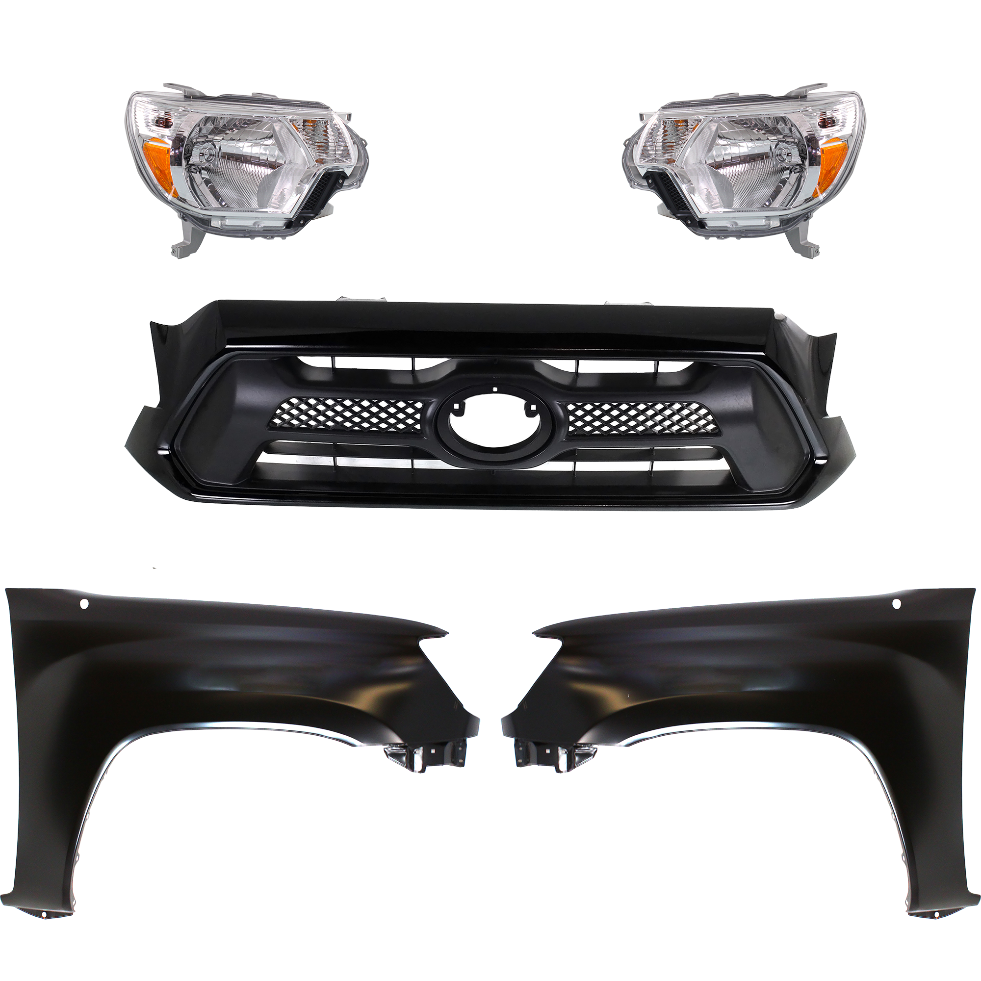AM TACOMA 12-15 HEAD LAMP RH AND LH Assembly Halogen 5 pc Kit with Fenders and Grille Assembly SKU KIT 031323-232 Partslink TO2502213 TO2503213 TO1240206 TO1241206 TO1200352 OEM 8111004181-8115004181-53812040