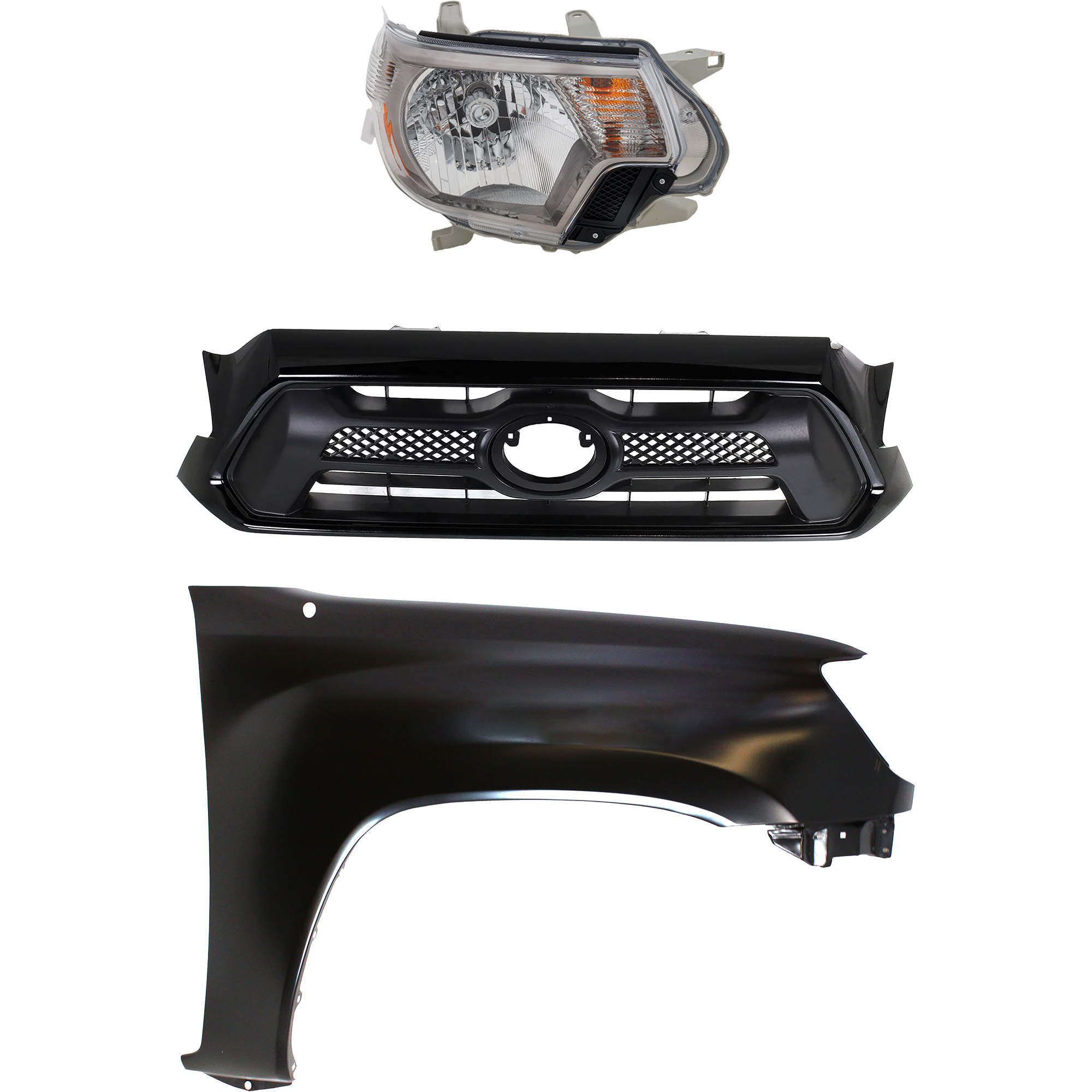 AM TACOMA 14-15 HEAD LAMP RH Assembly 3 pc Kit with Fender and Grille Assembly SKU KIT 031323-23301 Partslink TO2503232 TO1241206 TO1200352 OEM 8-111-004-221-538-110-000-000-000-000