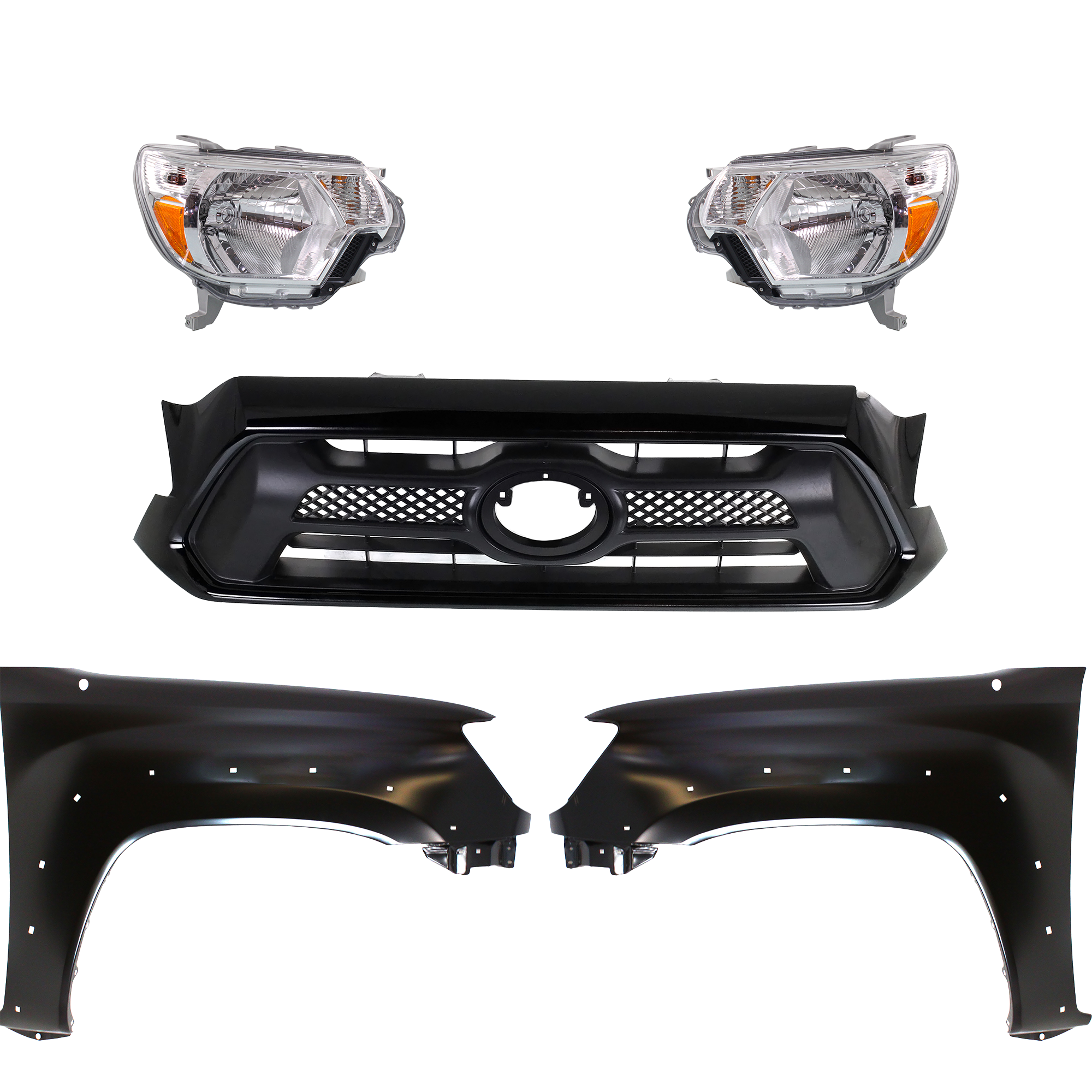 AM TACOMA 12-15 HEAD LAMP RH AND LH Assembly Halogen 5 pc Kit with Fenders and Grille Assembly SKU KIT 031323-234 Partslink TO2502213 TO2503213 TO1241208 TO1240208 TO1200352 OEM 8115004181-8111004181-53811041