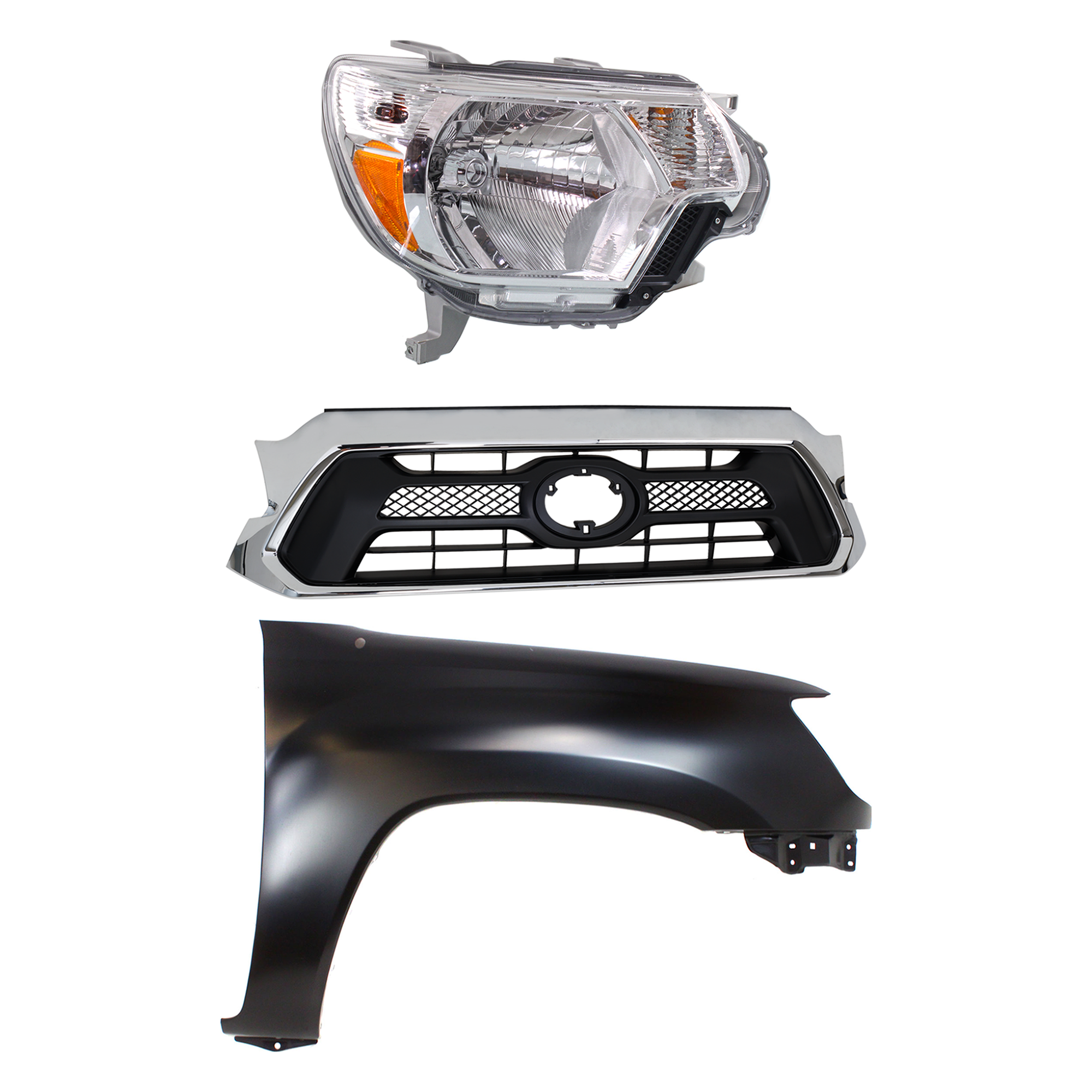 AM TACOMA 12-15 GRILLE Chrome Shell with Painted Black Insert 3 pc Kit with Fender and Headlight CAPA SKU KIT 031323-23701 Partslink TO1200351C TO1241206C TO2503213C OEM 5310004491-5381104090-81110041