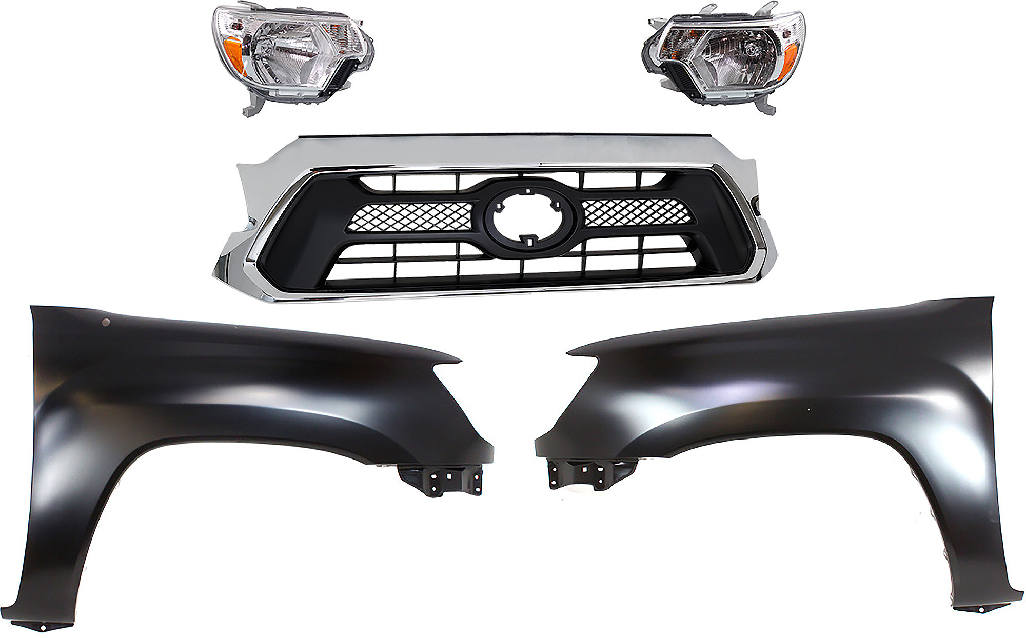 AM TACOMA 12-15 GRILLE Chrome Shell with Painted Black Insert 5 pc Kit with Fenders and Headlights CAPA SKU KIT 031323-237 Partslink TO1200351C TO1240206C TO1241206C TO2502213C TO2503213C OEM 5310004491-5381104090-53812040