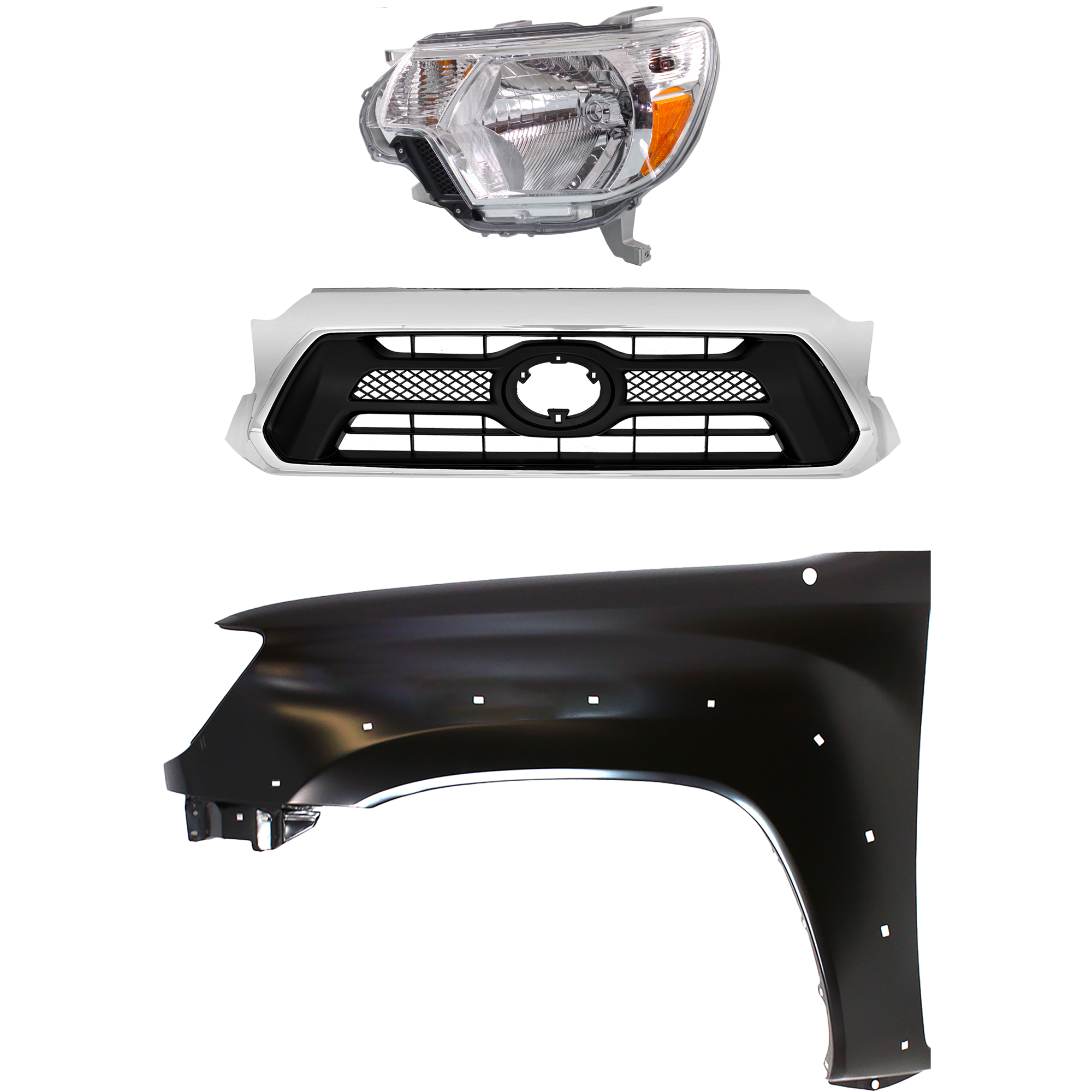 AM TACOMA 12-15 GRILLE Chrome Shell with Painted Black Insert 3 pc Kit with Fender and Headlight CAPA SKU KIT 031323-23902 Partslink TO1200351C TO1240208C TO2502213C OEM 5310004491-5381204100-81150041