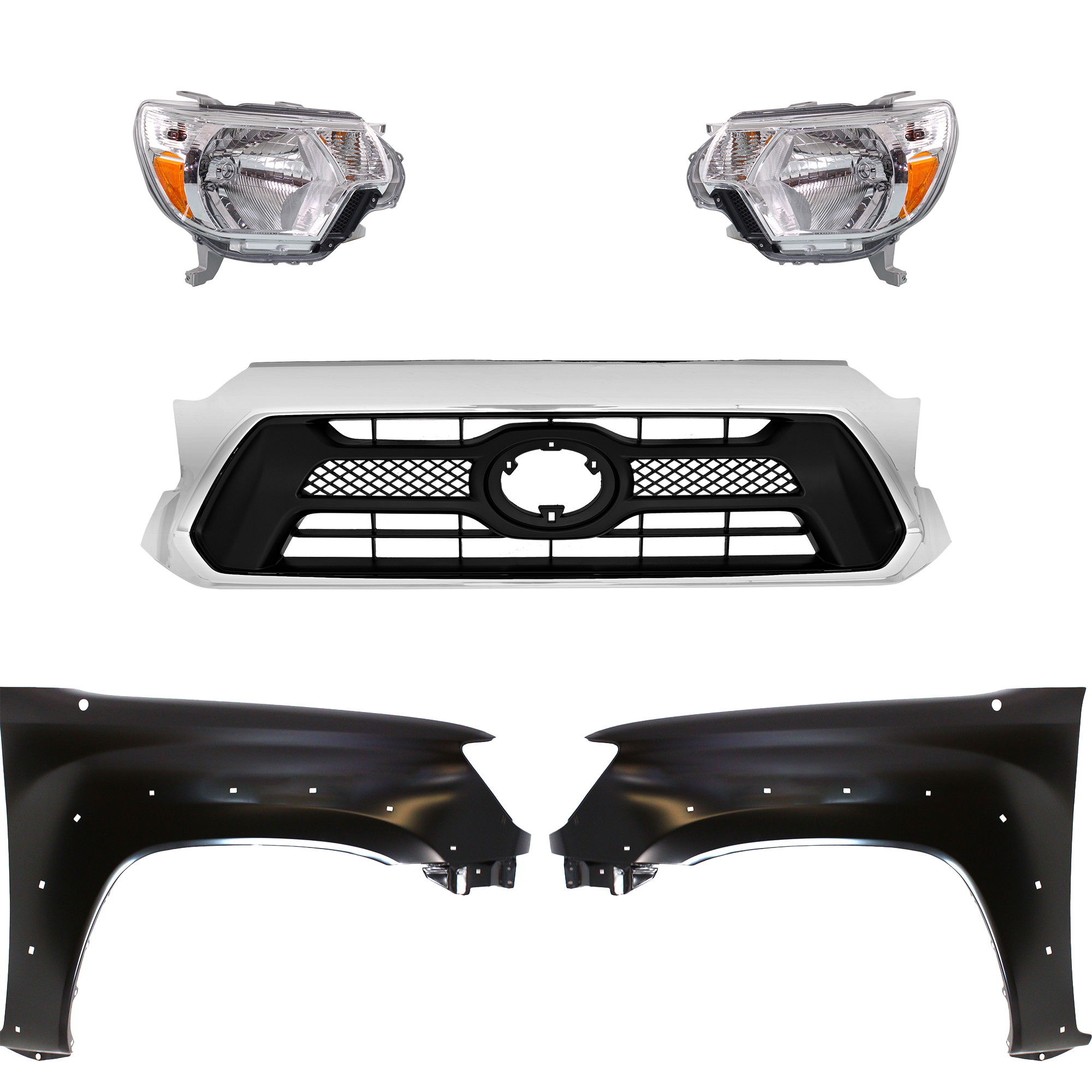 AM TACOMA 12-15 GRILLE Chrome Shell with Painted Black Insert 5 pc Kit with Fenders and Headlights CAPA SKU KIT 031323-239 Partslink TO1200351C TO1240208C TO1241208C TO2502213C TO2503213C OEM 5310004491-5381104100-53812041