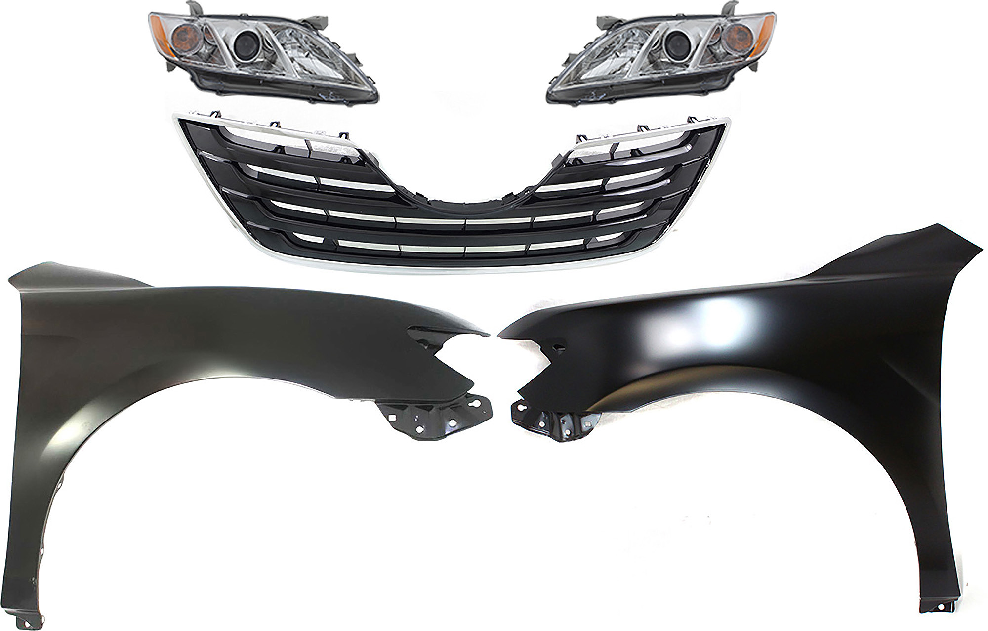 AM CAMRY 07-09 HEAD LAMP RH AND LH Assembly Halogen 5 pc Kit with Fenders and Grille Assembly CAPA SKU KIT 031323-23 Partslink TO1200289C TO1240211C TO1241211C TO2502197C TO2503197C OEM 5310106080C0-5380106110-538020