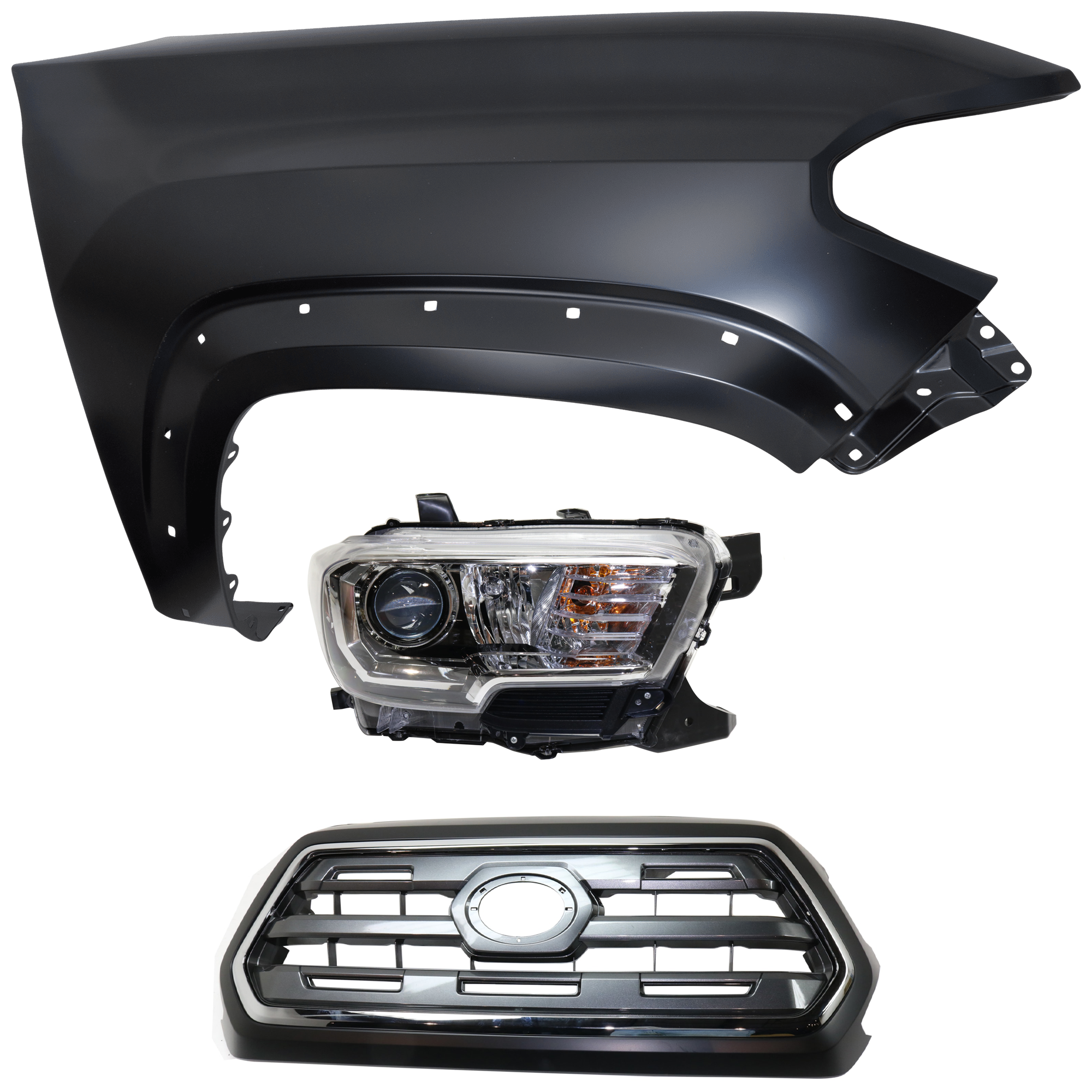 AM TACOMA 16-17 HEAD LAMP RH Assembly Halogen 3 pc Kit with Fender and Grille Assembly CAPA SKU KIT 031323-24101 Partslink TO1200409C TO1241262C TO2503243C OEM 5310004540C0-5381104120-811100