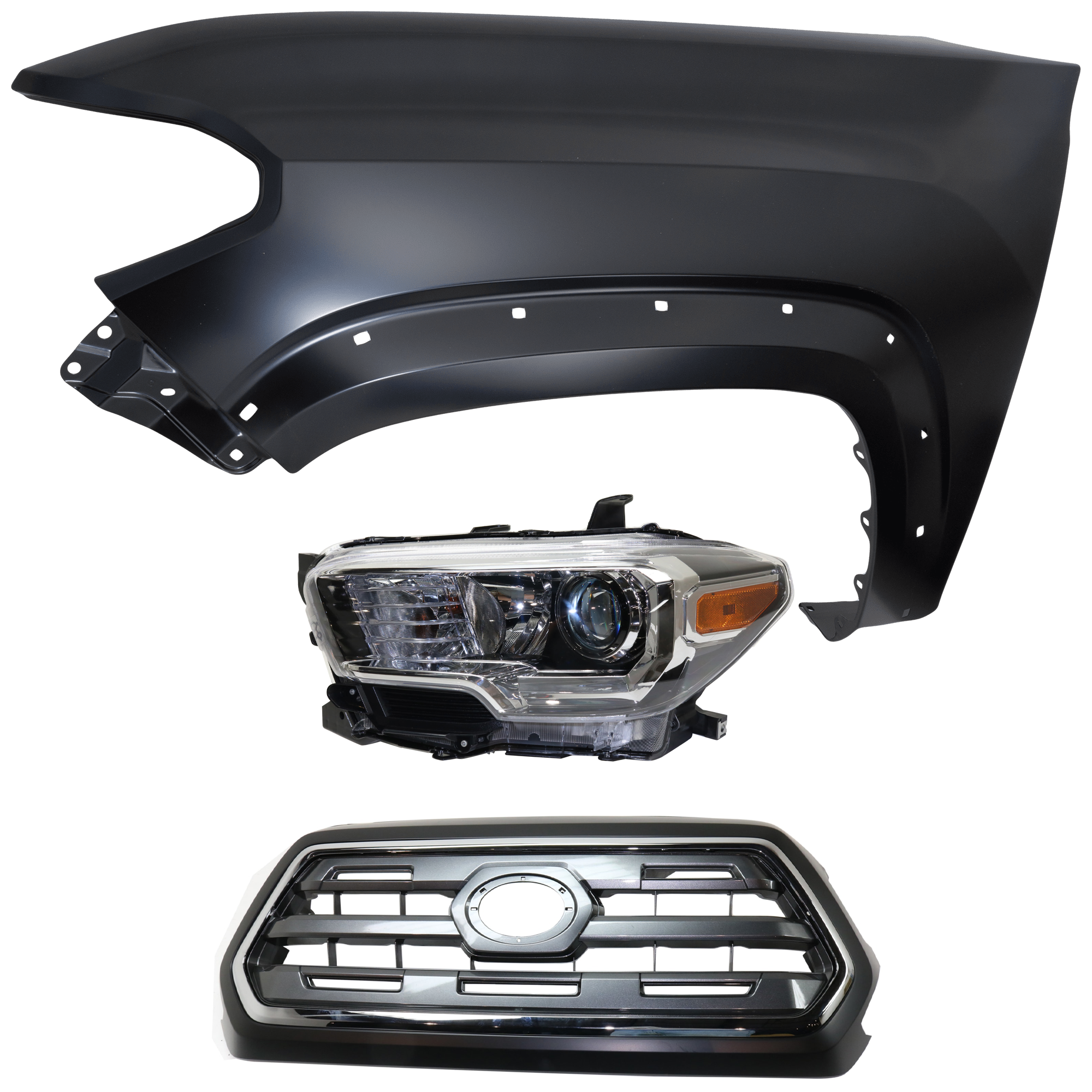 AM TACOMA 16-17 HEAD LAMP LH Assembly Halogen 3 pc Kit with Fender and Grille Assembly CAPA SKU KIT 031323-24102 Partslink TO1200409C TO1240262C TO2502243C OEM 5310004540C0-5381204120-811500