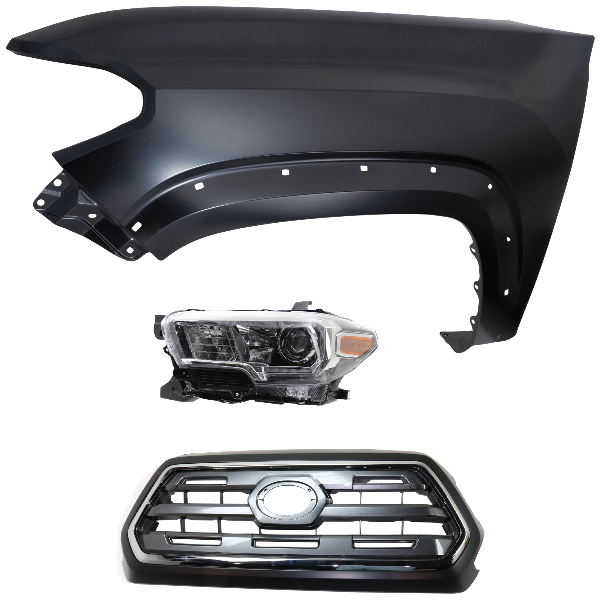 AM TACOMA 16-17 HEAD LAMP LH Assembly Halogen 3 pc Kit with Fender and Grille Assembly CAPA SKU KIT 031323-24302 Partslink TO1200409C TO1240262C TO2502244C OEM 5310004540C0-5381204120-811500