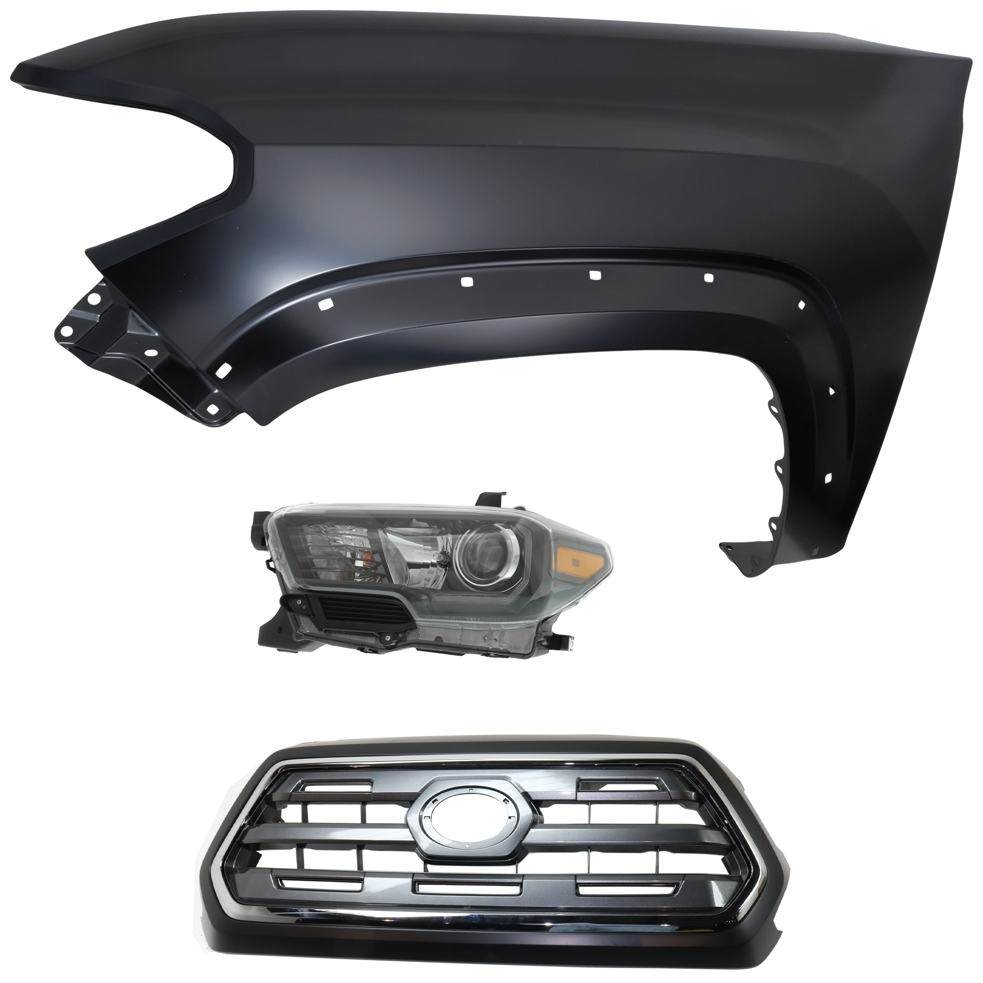 AM TACOMA 17-17 HEAD LAMP LH Assembly Halogen 3 pc Kit with Fender and Grille Assembly CAPA SKU KIT 031323-24402 Partslink TO1200409C TO1240262C TO2502254C OEM 5310004540C0-5381204120-811500