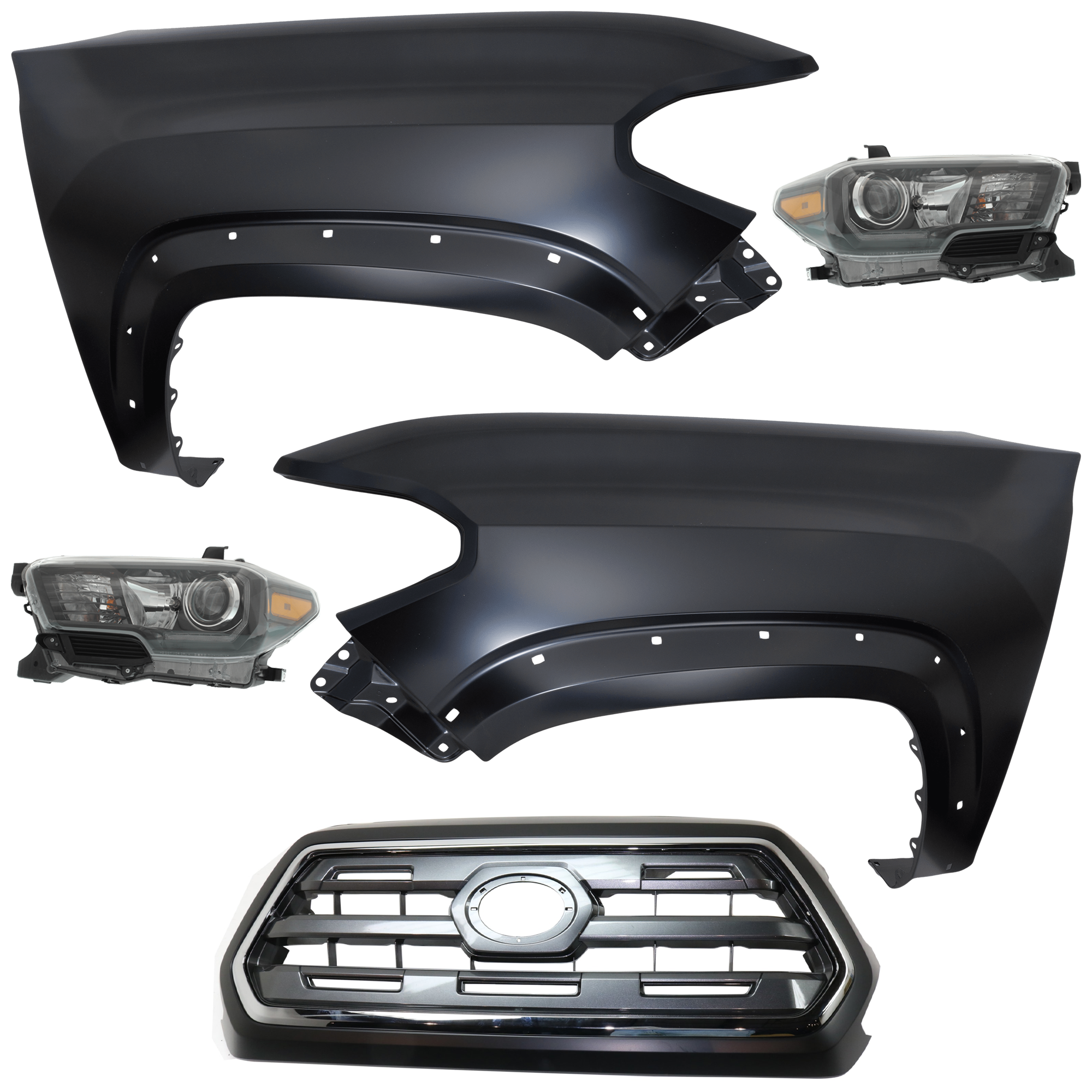 AM TACOMA 17-17 HEAD LAMP RH AND LH Assembly Halogen 5 pc Kit with Fender and Grille Assembly CAPA SKU KIT 031323-244 Partslink TO1200409C TO1240262C TO1241262C TO2502254C TO2503254C OEM 5310004540C0-5381104120-538120