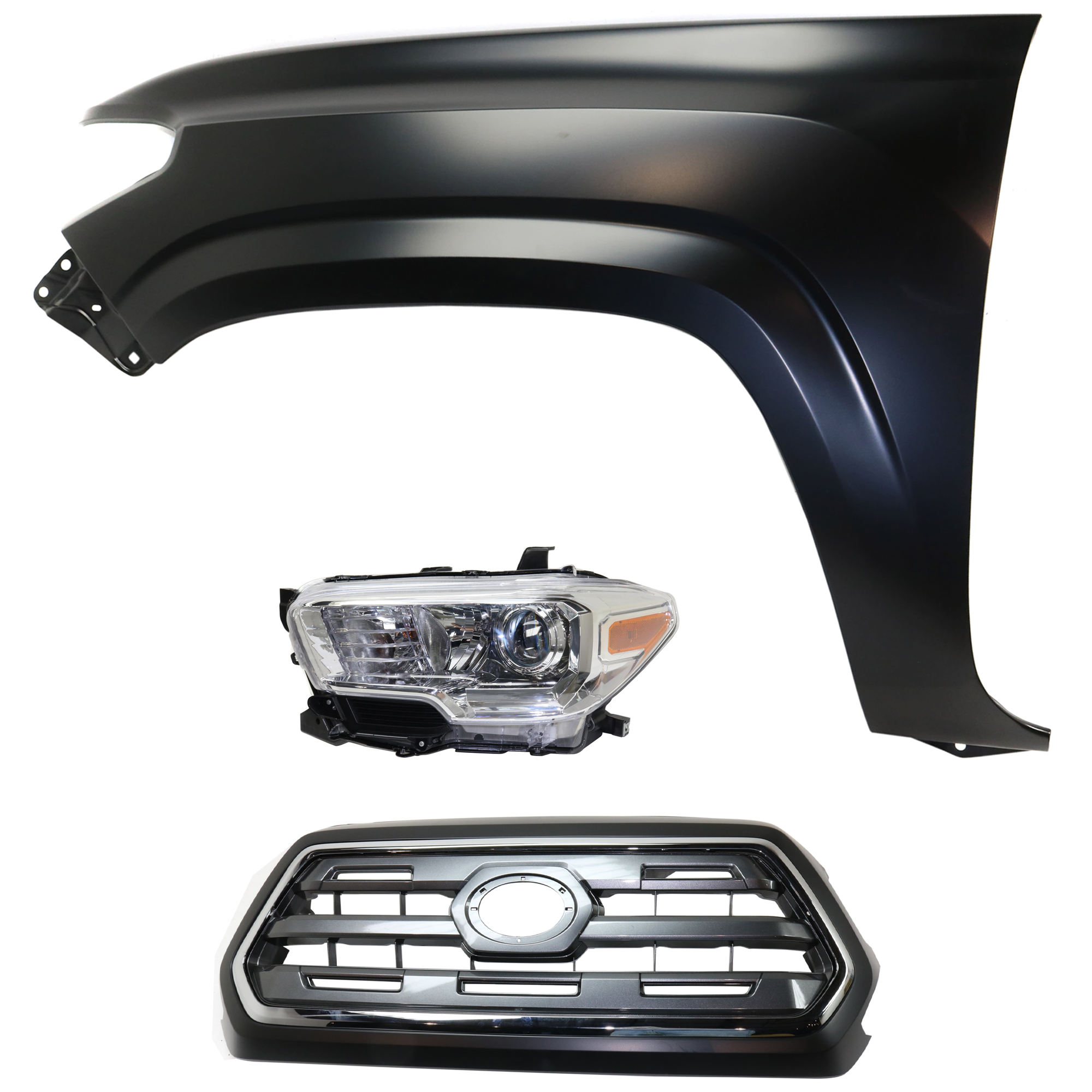AM TACOMA 16-17 HEAD LAMP LH Assembly Halogen 3 pc Kit with Fender and Grille Assembly CAPA SKU KIT 031323-24602 Partslink TO1200409C TO1240261C TO2502242C OEM 5310004540C0-5381204110-811500
